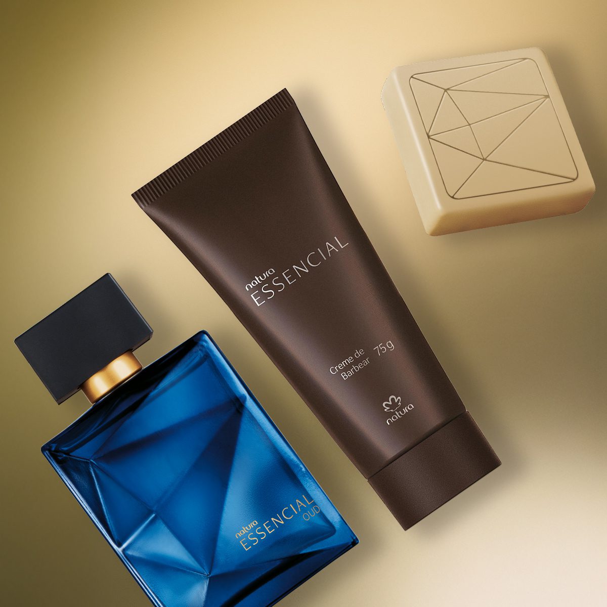 Kit Essencial Oud Masculino, Sabonete em Barra e Creme de Barbear em uso