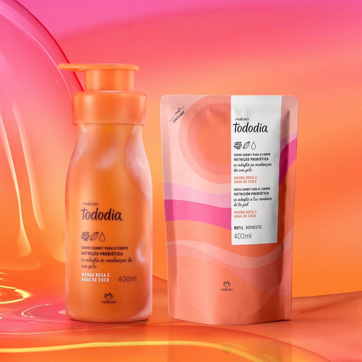 Kit Creme Sorbet Desodorante Nutritivo para o Corpo Tododia Manga Rosa e Água de Coco com Refil