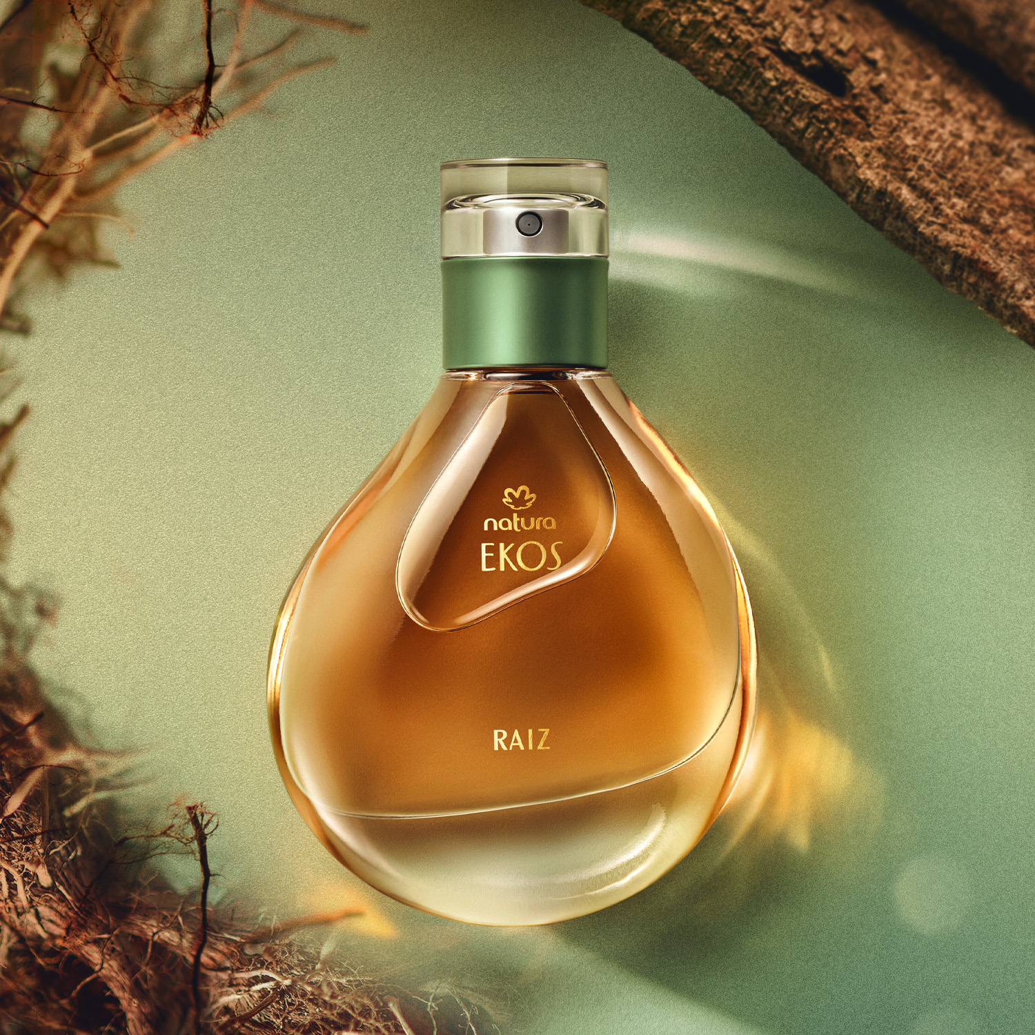 Visual mobile do perfume Ekos Raiz destacando sua textura floral verde