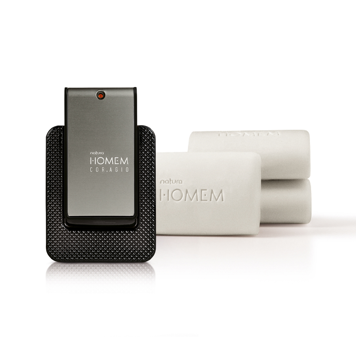 Kit Sabonetes Corpo e Barba e Deo Parfum Natura Homem Cor.agio 4 Detalhe do sabonete e embalagem do kit