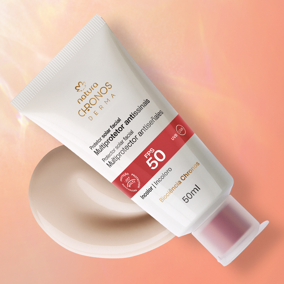 Multiprotetor Antissinais FPS 50 FPUVA 18 Chronos Derma 5 Aplicação do Multiprotetor Antissinais no rosto