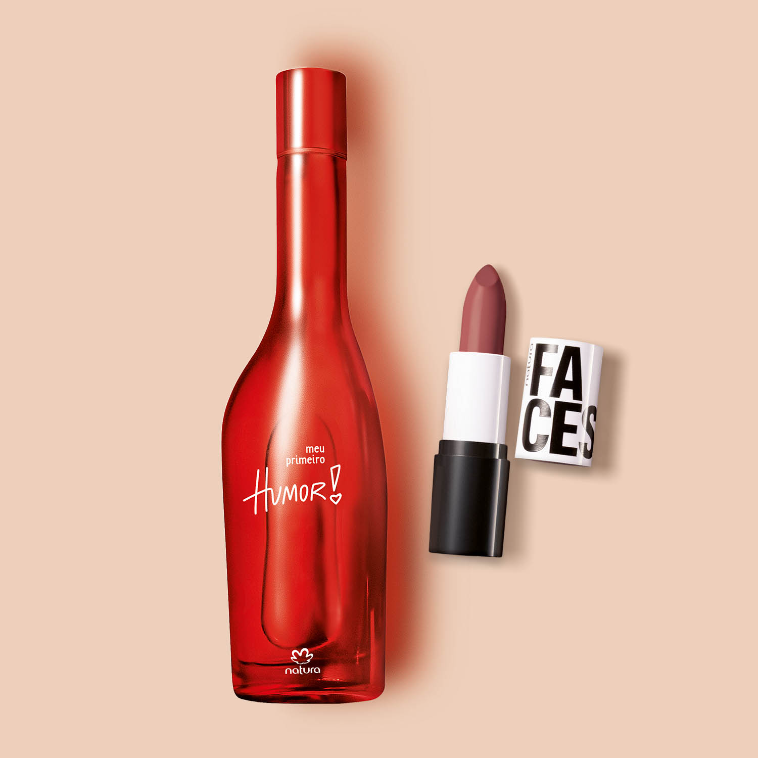 Kit Meu Primeiro Humor e Batom Matte Faces Cookie Nude 3 Visual do kit em uso