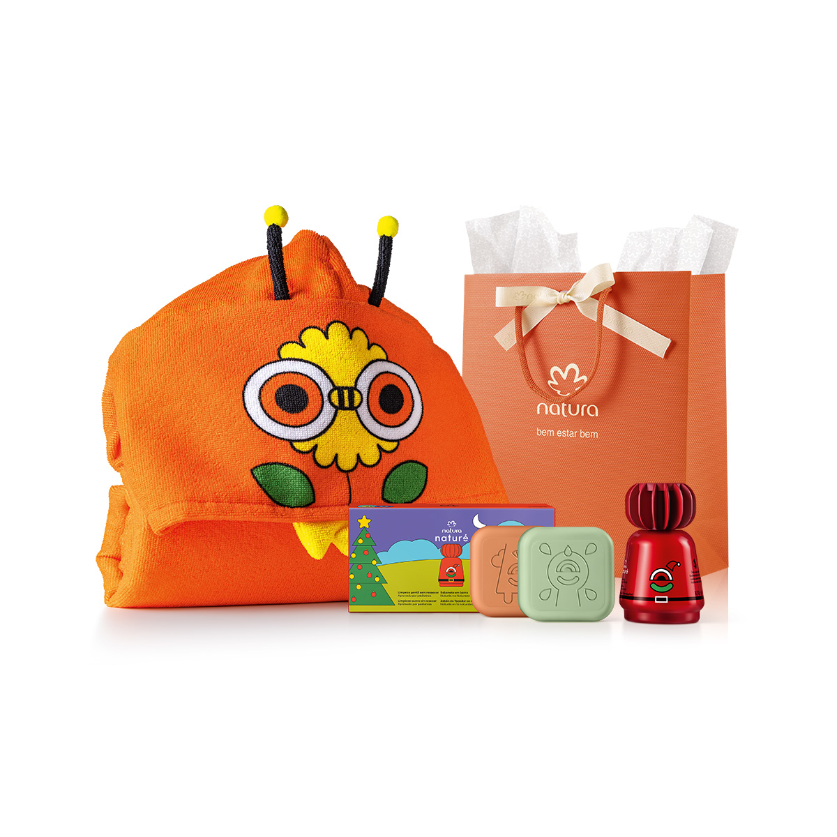 Detalhe do poncho e produtos do kit