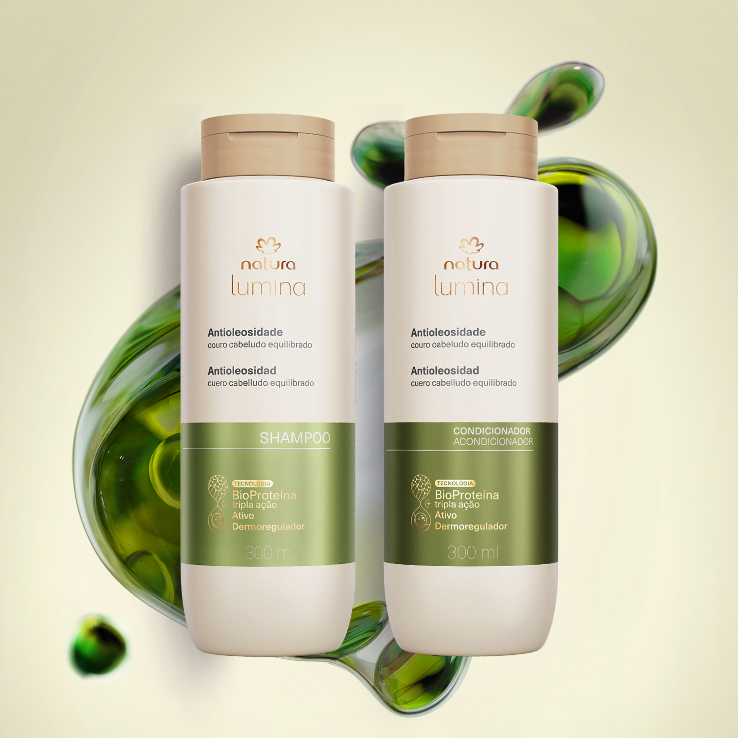 Shampoo e condicionador Lumina em uso