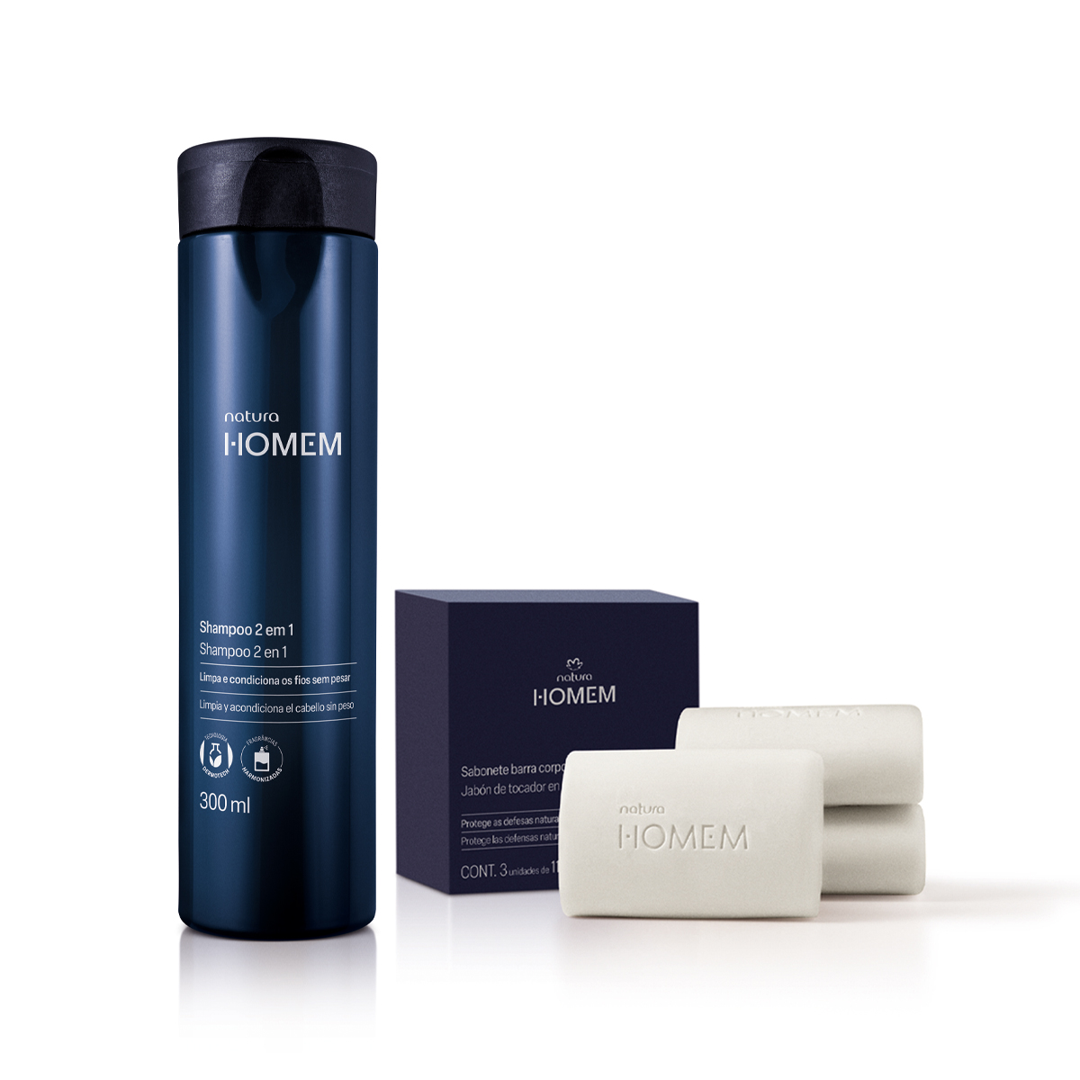 Kit Shampoo 2 em 1 e Sabonete Corpo e Barba Natura Homem (2 produtos) 4 Sabonetes e shampoo do kit em close-up