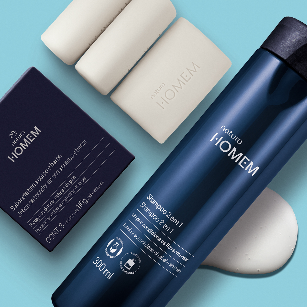 Kit Shampoo 2 em 1 e Sabonete Corpo e Barba Natura Homem (2 produtos) 5 Detalhe dos produtos Natura Homem no kit