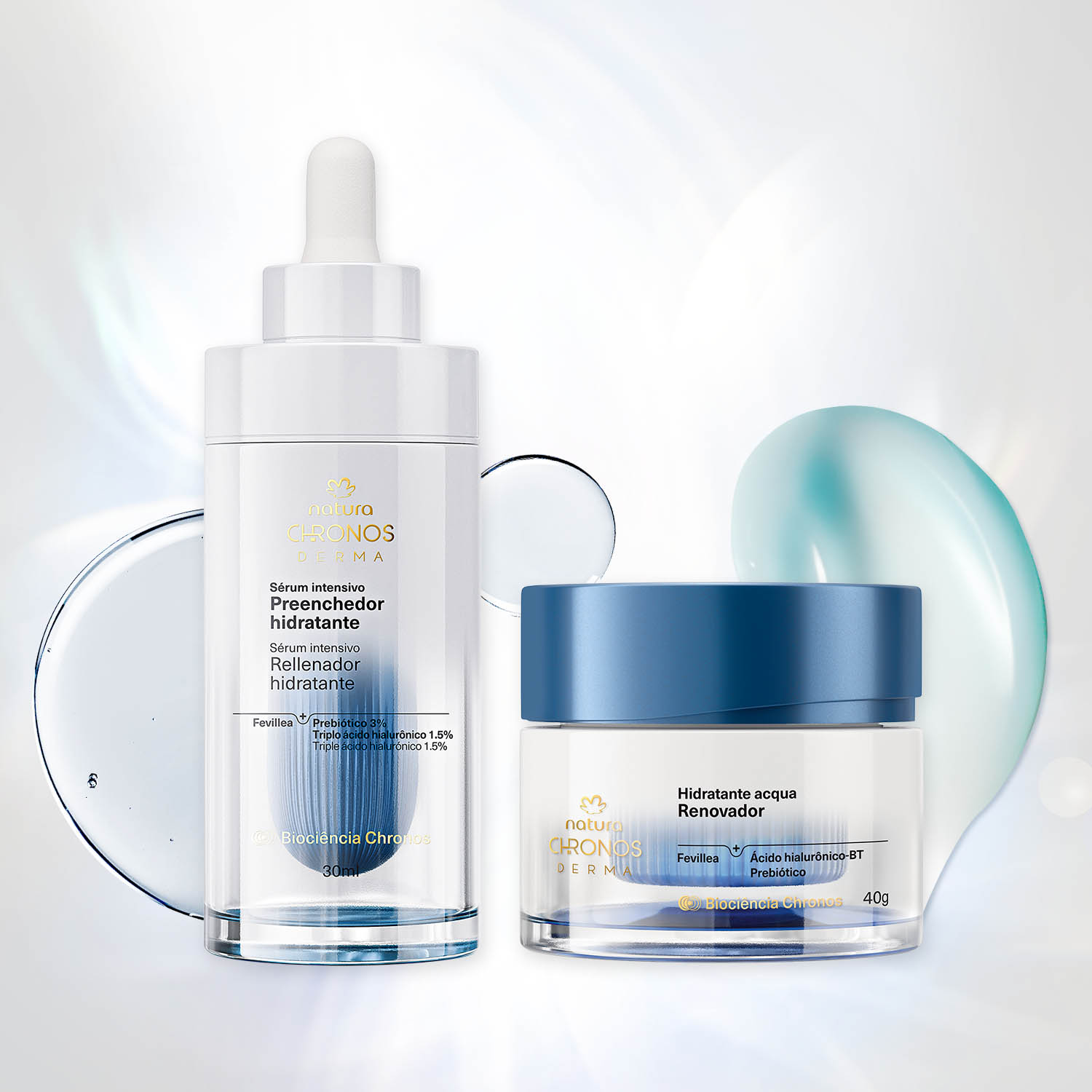 Kit Sérum Preenchedor Hidratante e Acqua Renovador Chronos Derma 3 Visual mobile do kit em ação