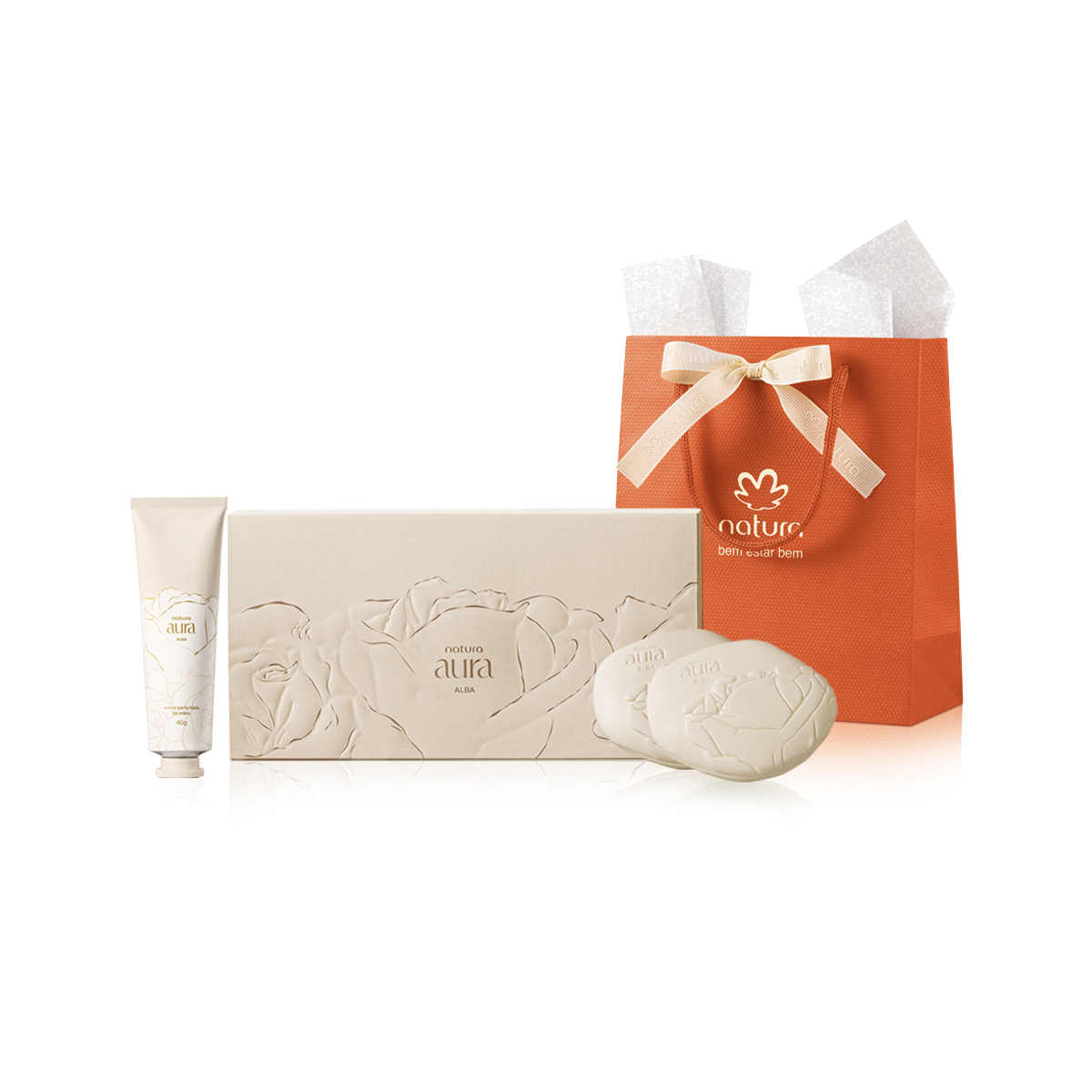 Sabonetes e creme do kit Natura Aura Alba