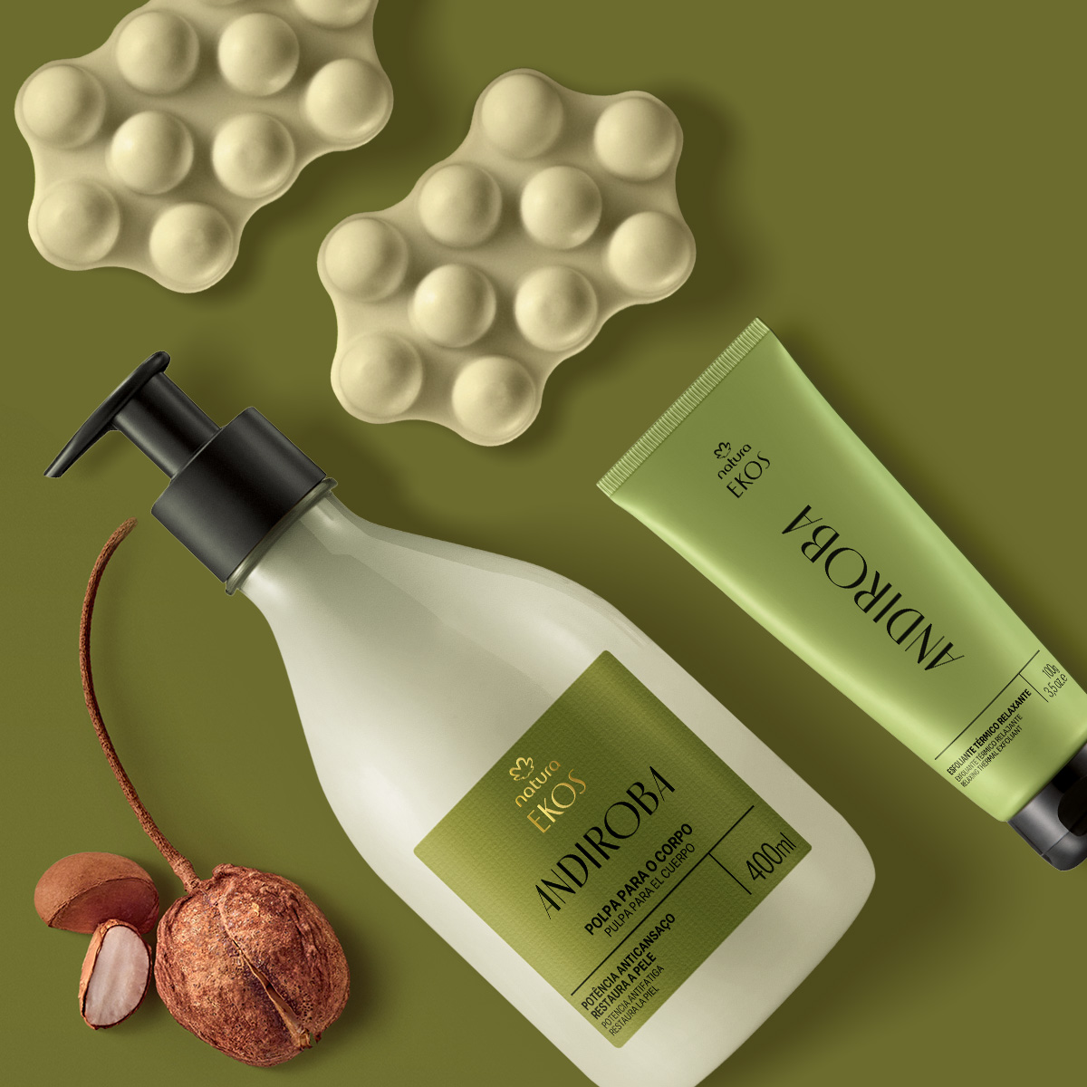 Kit Ekos Andiroba Creme para o Corpo, Esfoliante Térmico e Sabonete Massageador 5 Sabonetes massageadores Ekos Andiroba
