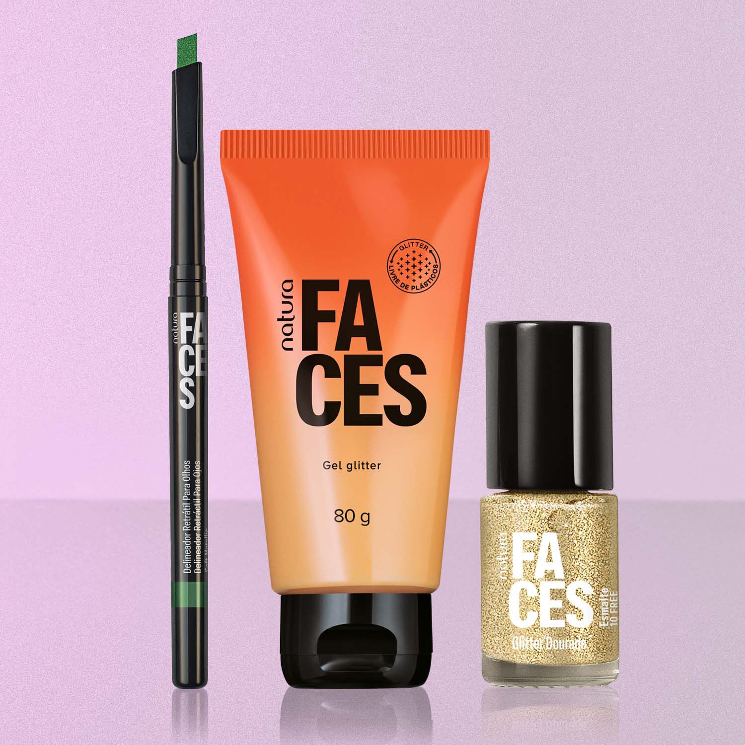 1781861358 264 Kit Gel Glitter Delineador Verde e Esmalte Dourado Natura Faces
