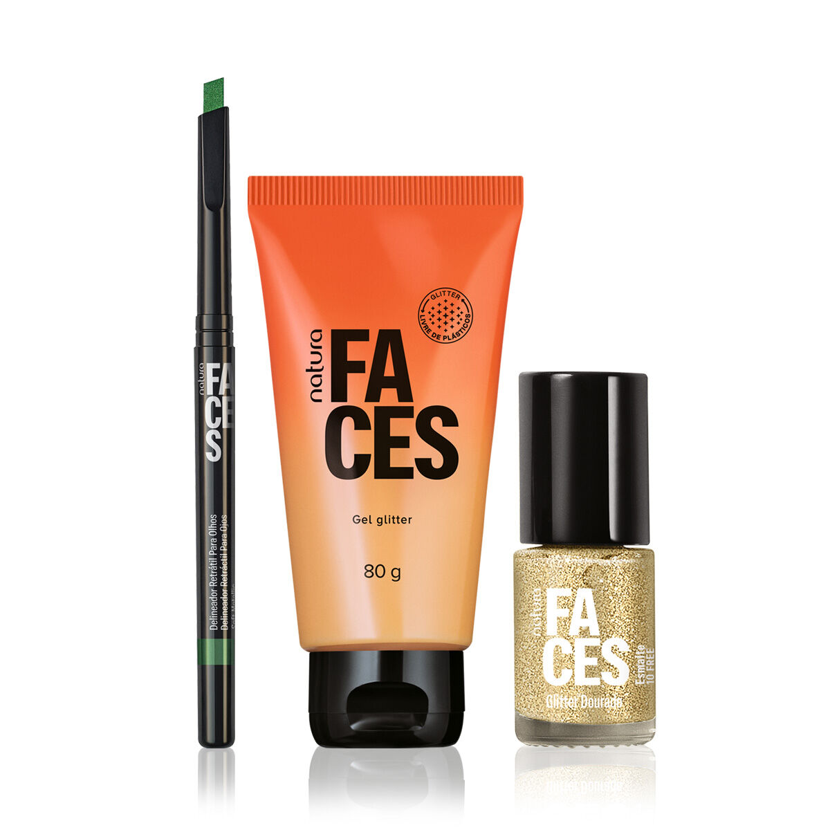 1781861358 323 Kit Gel Glitter Delineador Verde e Esmalte Dourado Natura Faces