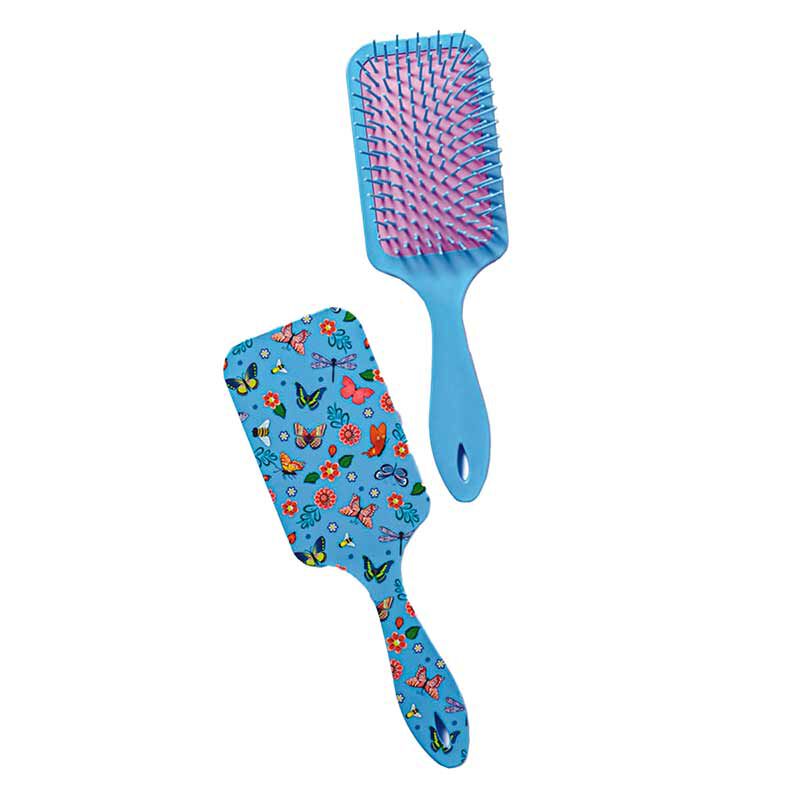 Escova de Cabelo Raquete Almofadada Flores e Borboletas Azul