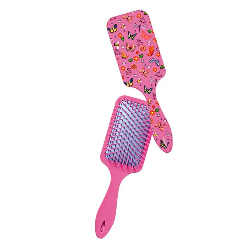Escova de Cabelo Raquete Almofadada Flores e Borboletas Rosa
