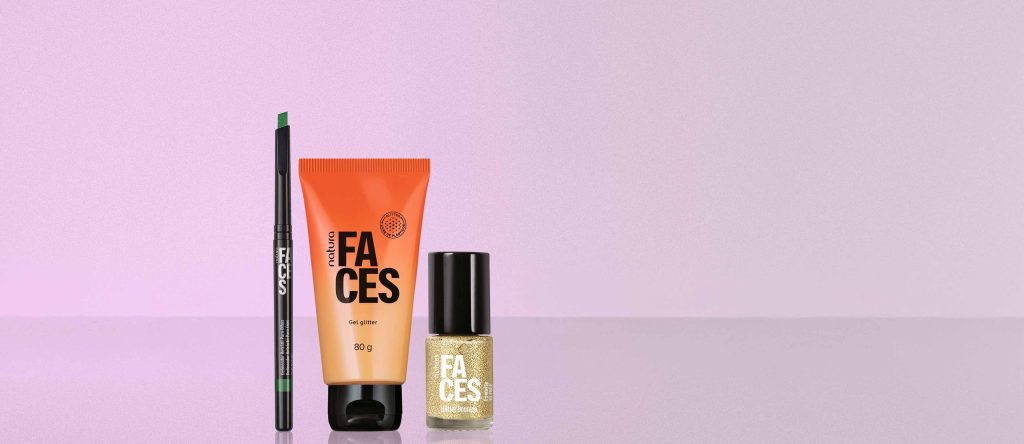 Kit Gel Glitter, Delineador Verde e Esmalte Dourado Natura Faces