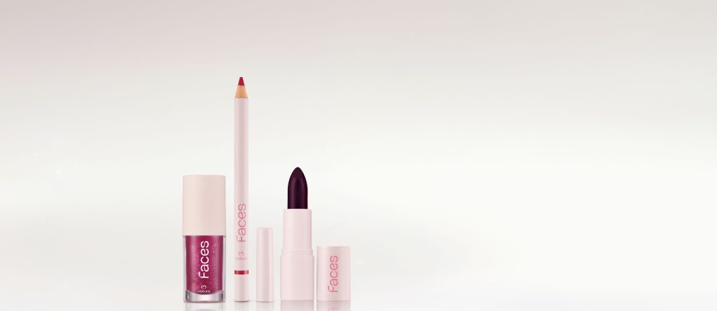 Kit Batom Vinho Rocks, Lápis Red Love e Gloss Malva Vibe Faces (3 produtos)