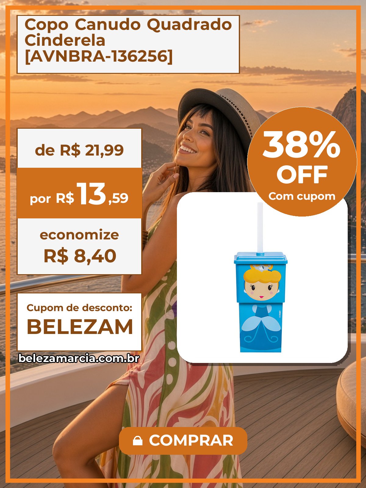 Copo Canudo Quadrado Cinderela [AVNBRA-136256]