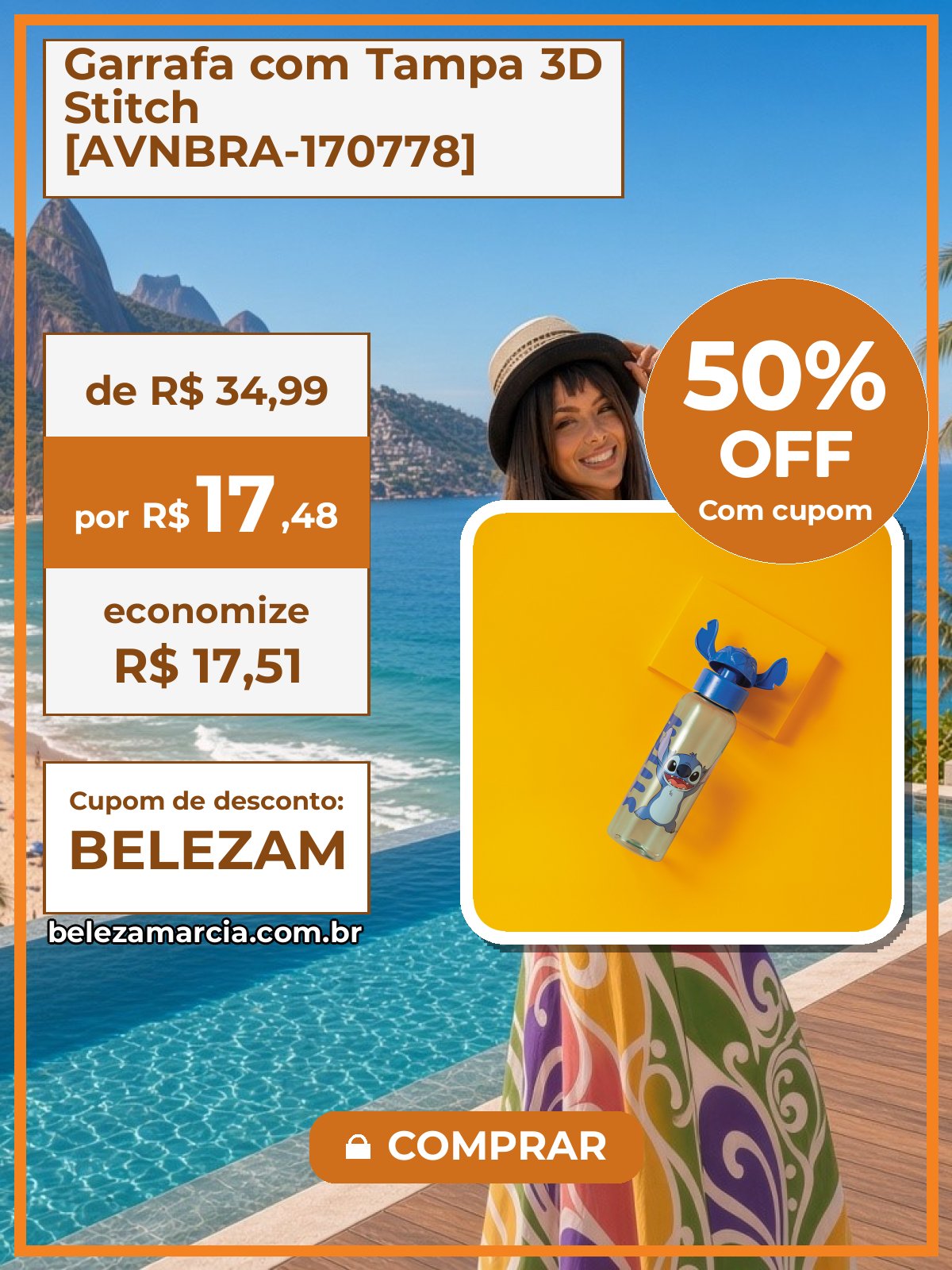 Garrafa com Tampa 3D Stitch [AVNBRA-170778]
