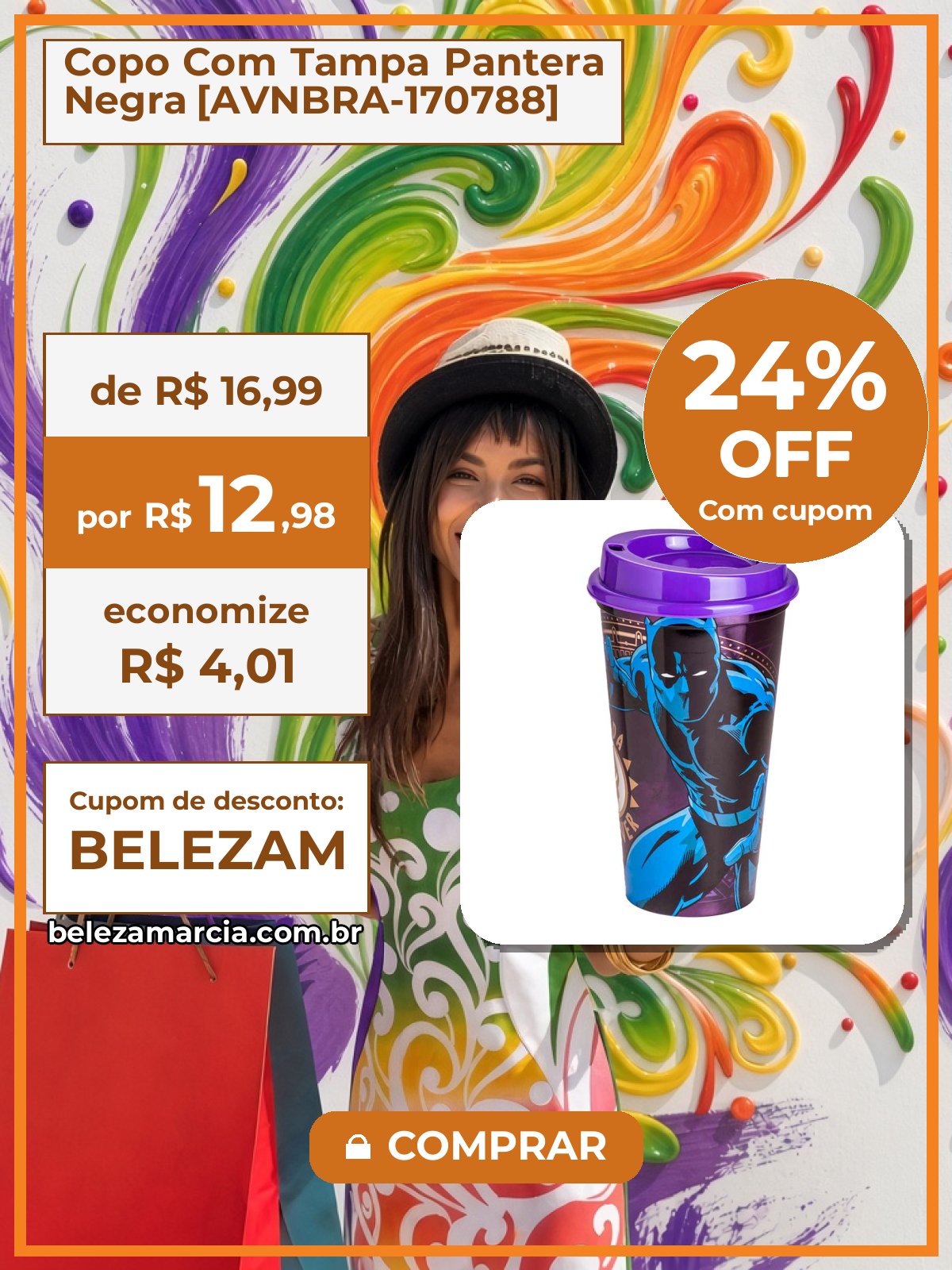 Copo Com Tampa Pantera Negra [AVNBRA-170788]