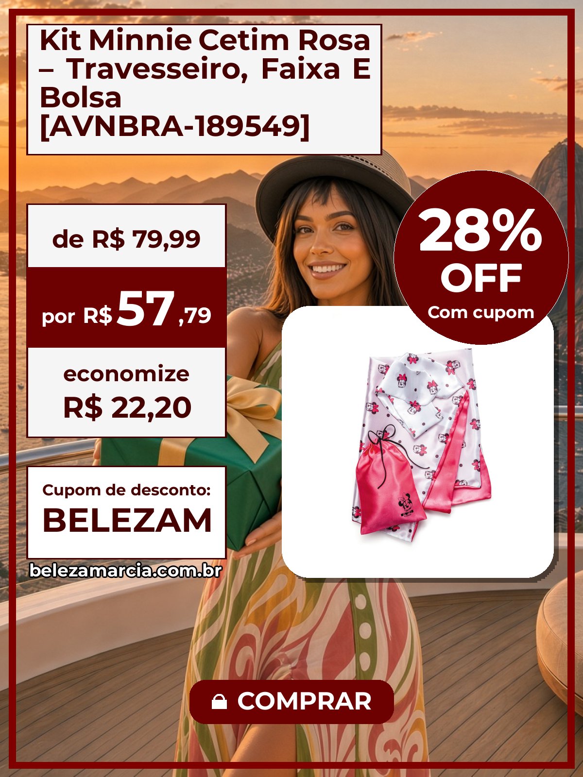 Kit Minnie Cetim Rosa – Travesseiro, Faixa E Bolsa [AVNBRA-189549]