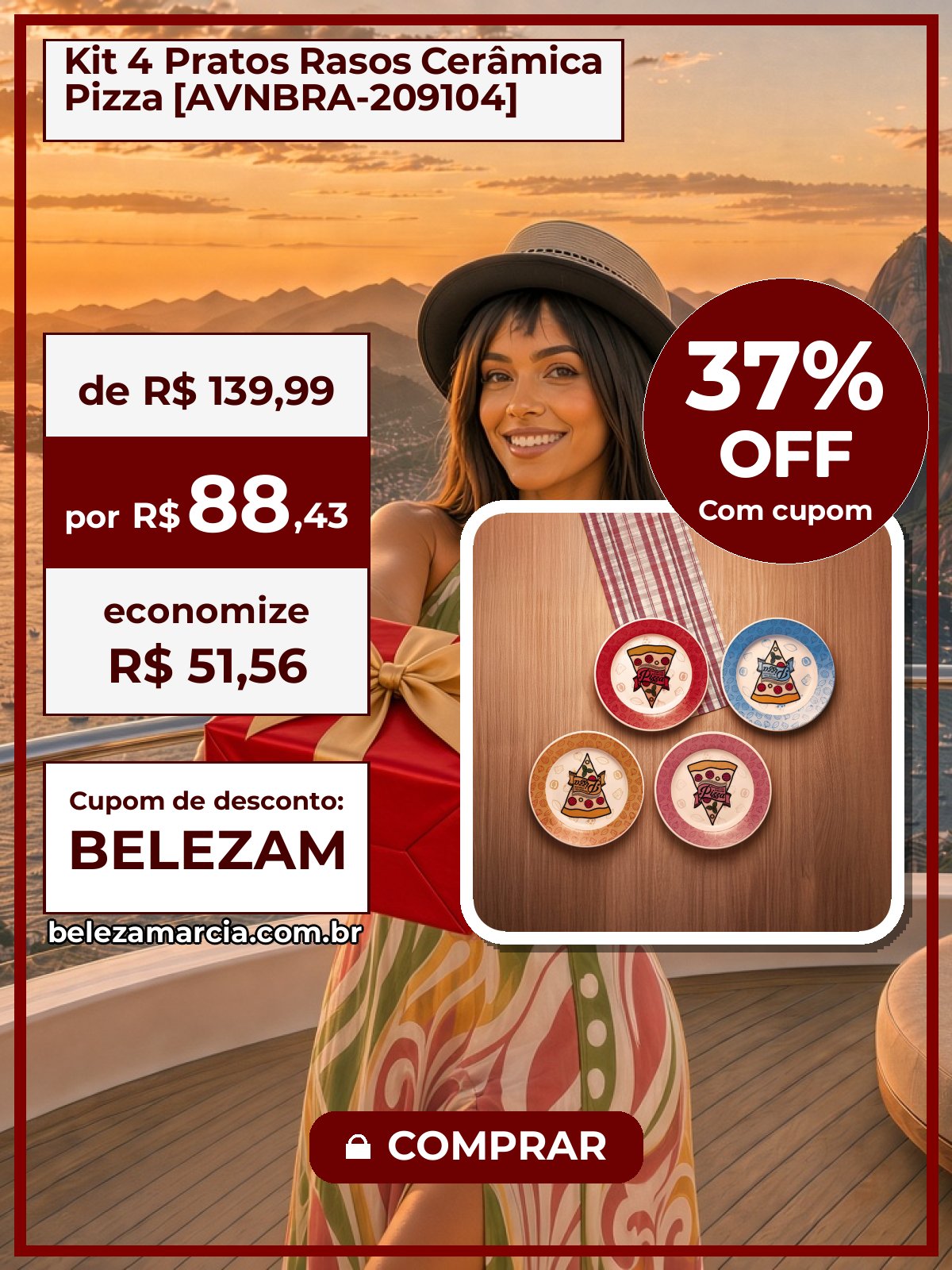 Kit 4 Pratos Rasos Cerâmica Pizza [AVNBRA-209104]
