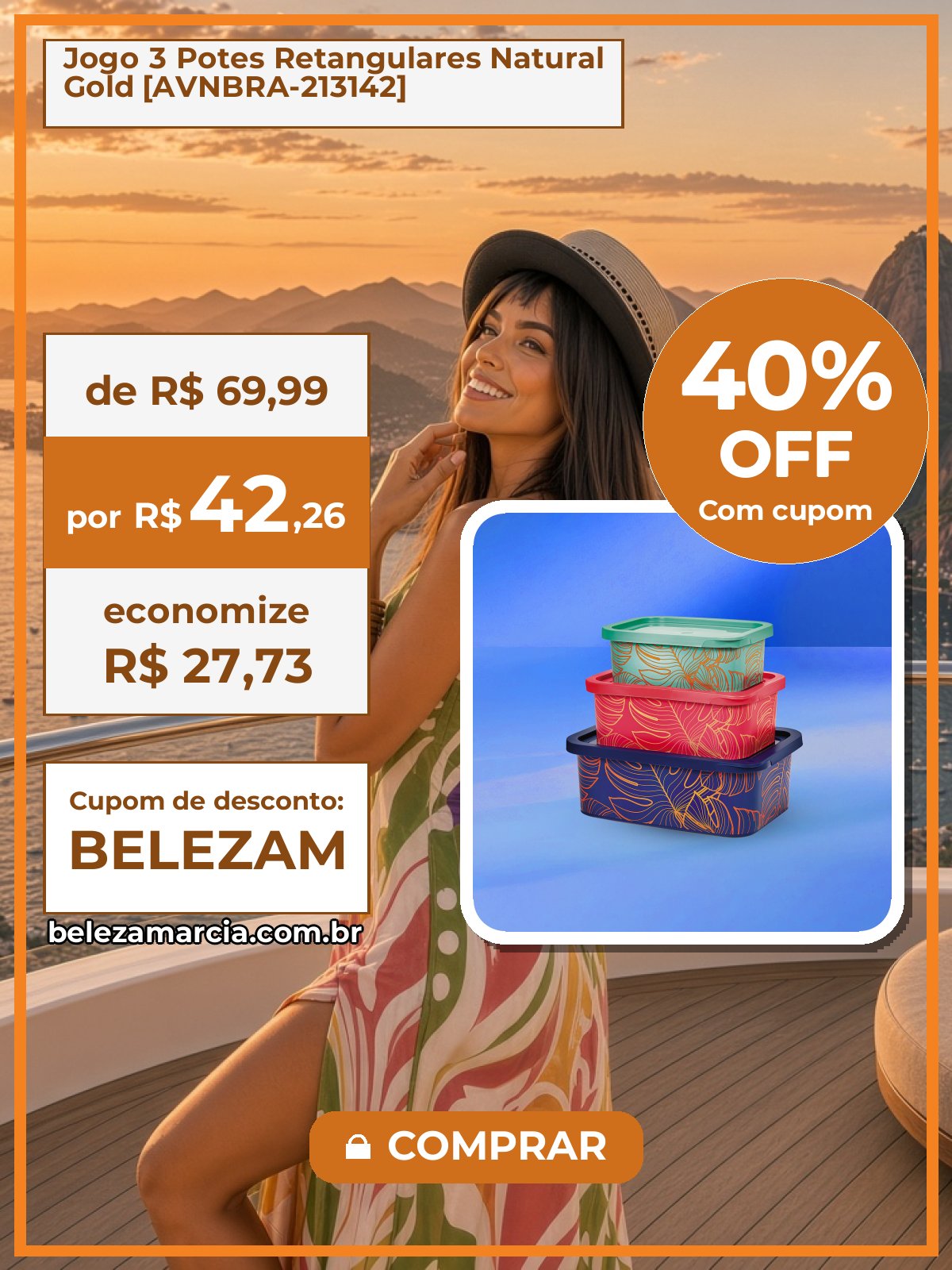 Jogo 3 Potes Retangulares Natural Gold [AVNBRA-213142]