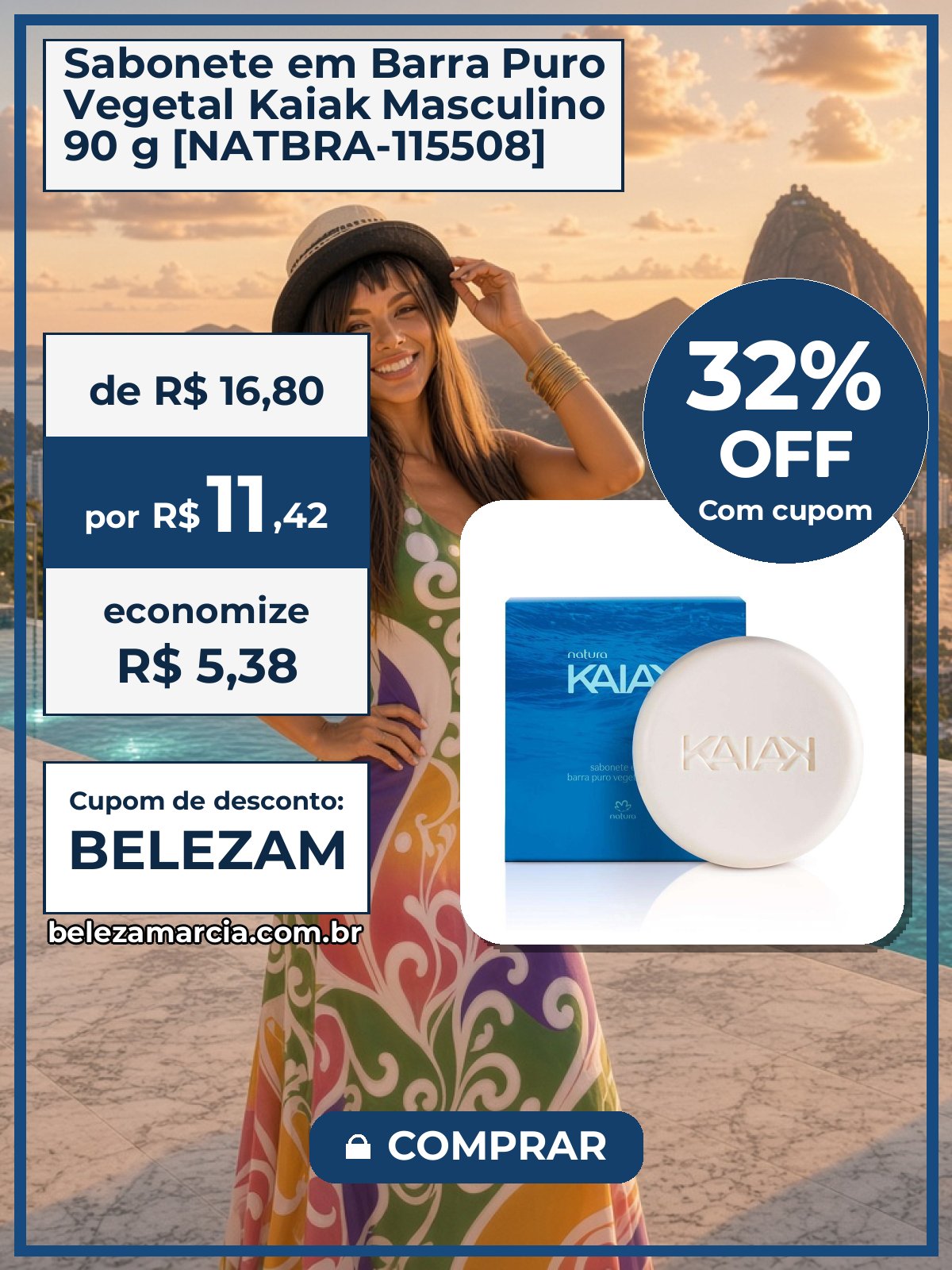 Sabonete em Barra Puro Vegetal Kaiak Masculino 90 g [NATBRA-115508]