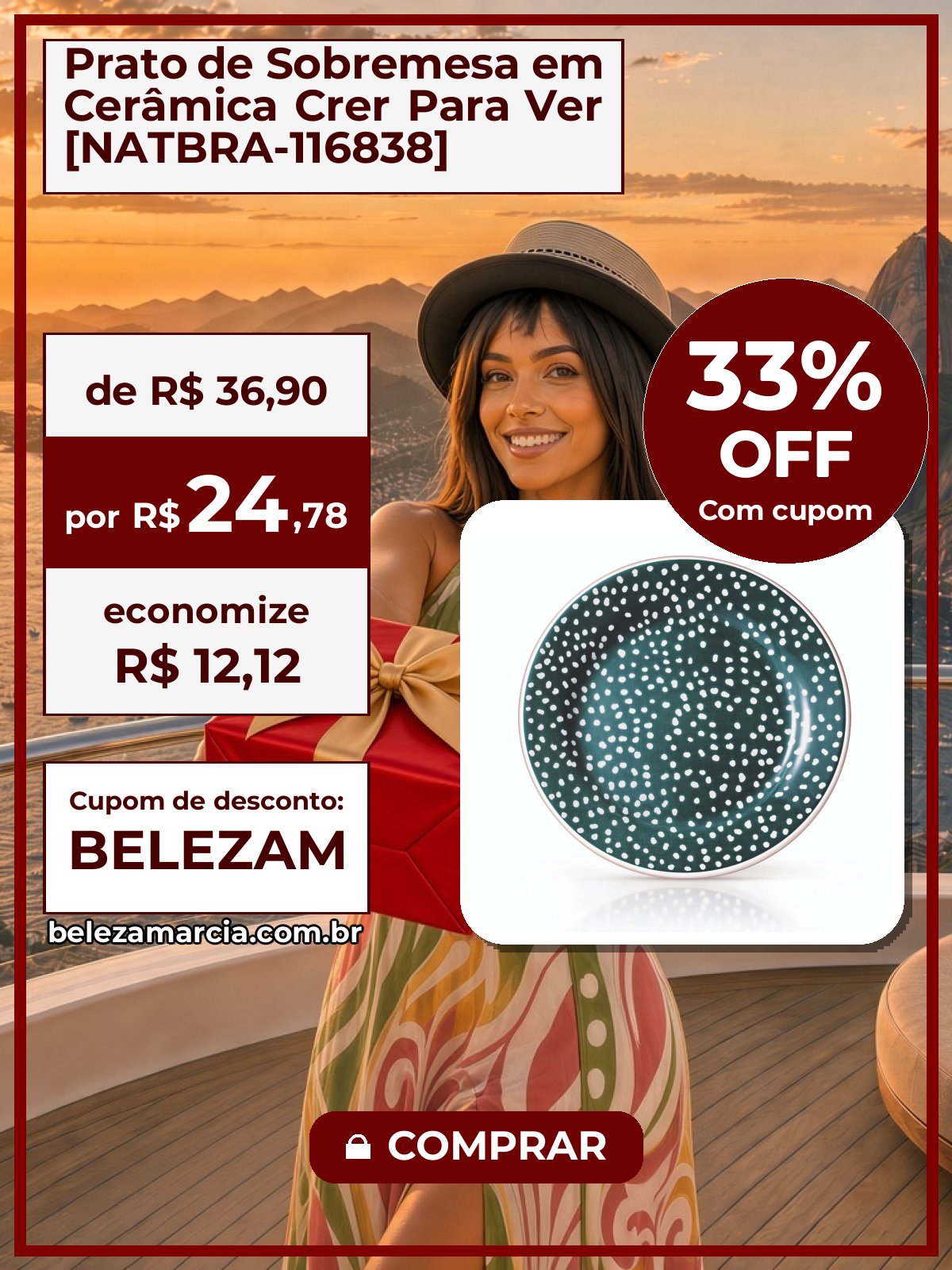 Prato de Sobremesa em Cerâmica Crer Para Ver [NATBRA-116838]