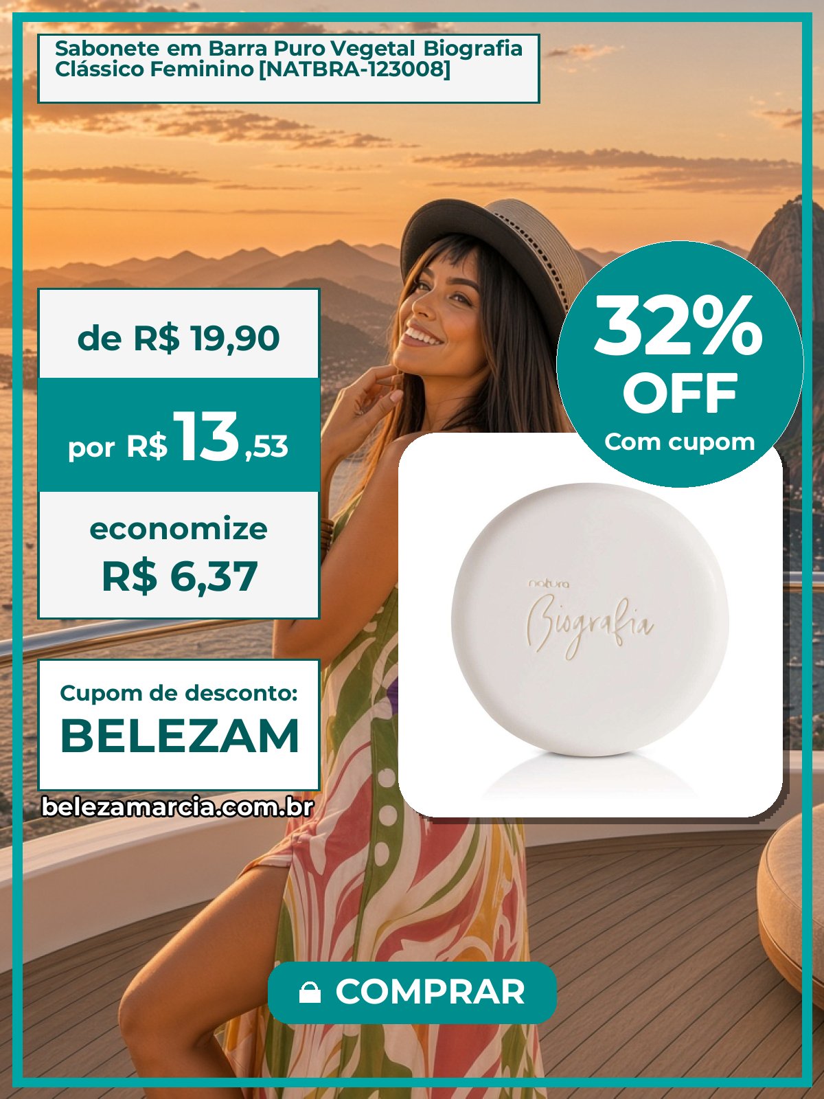 Sabonete em Barra Puro Vegetal Biografia Clássico Feminino [NATBRA-123008]