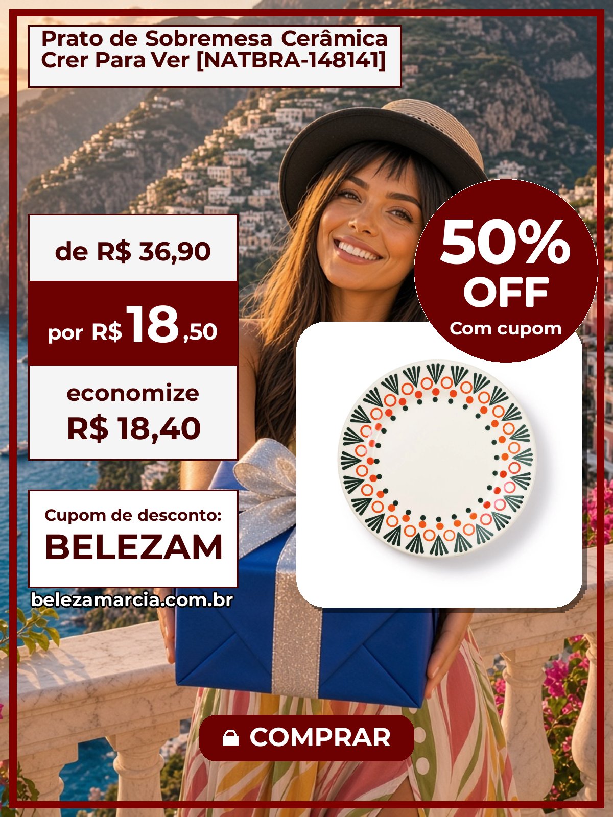 Prato de Sobremesa Cerâmica Crer Para Ver [NATBRA-148141]