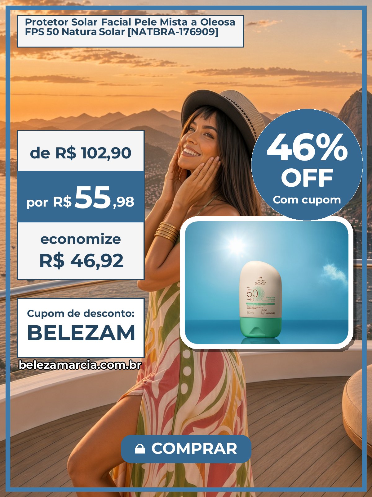 Protetor Solar Facial Pele Mista a Oleosa FPS 50 Natura Solar [NATBRA-176909]