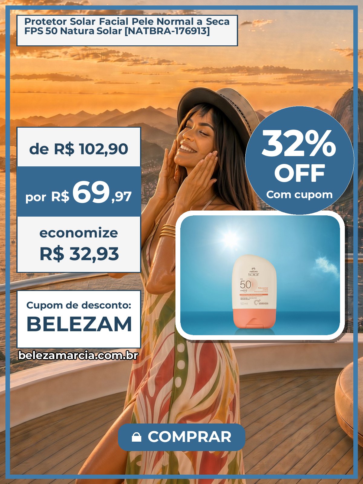 Protetor Solar Facial Pele Normal a Seca FPS 50 Natura Solar [NATBRA-176913]