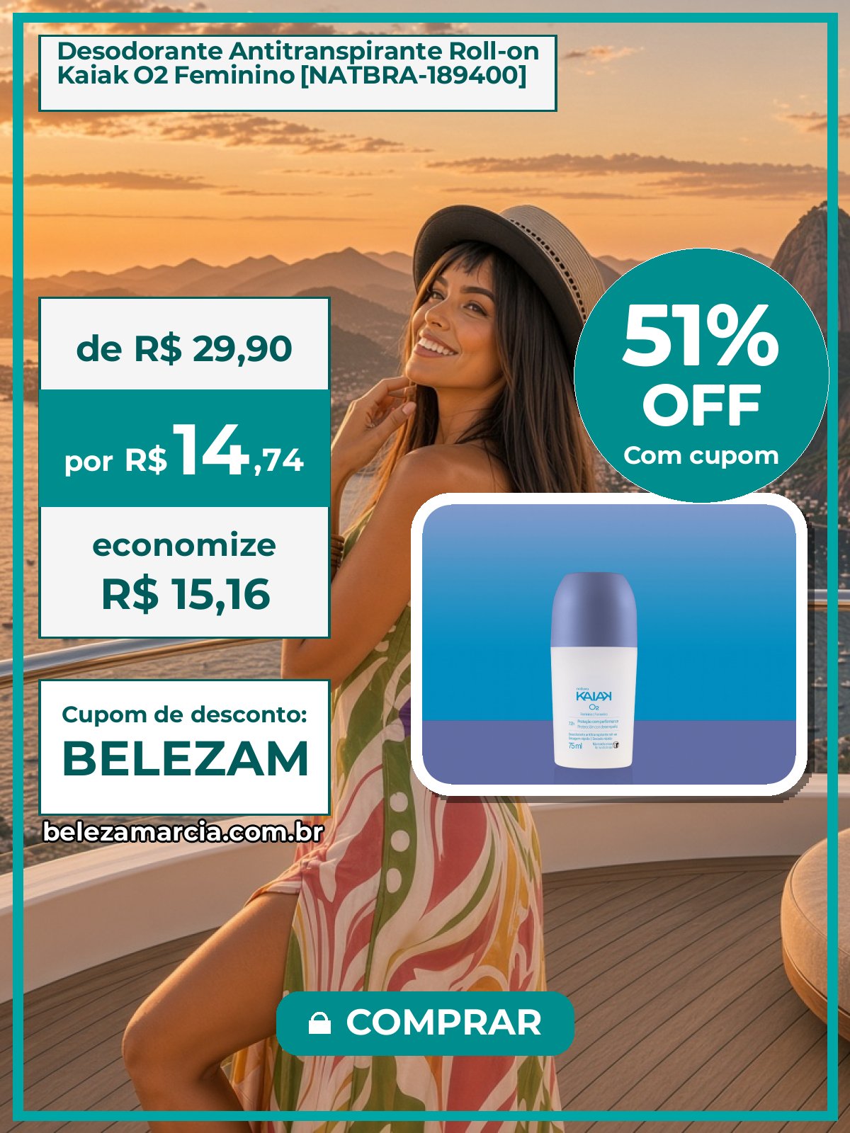 Desodorante Antitranspirante Roll-on Kaiak O2 Feminino [NATBRA-189400]