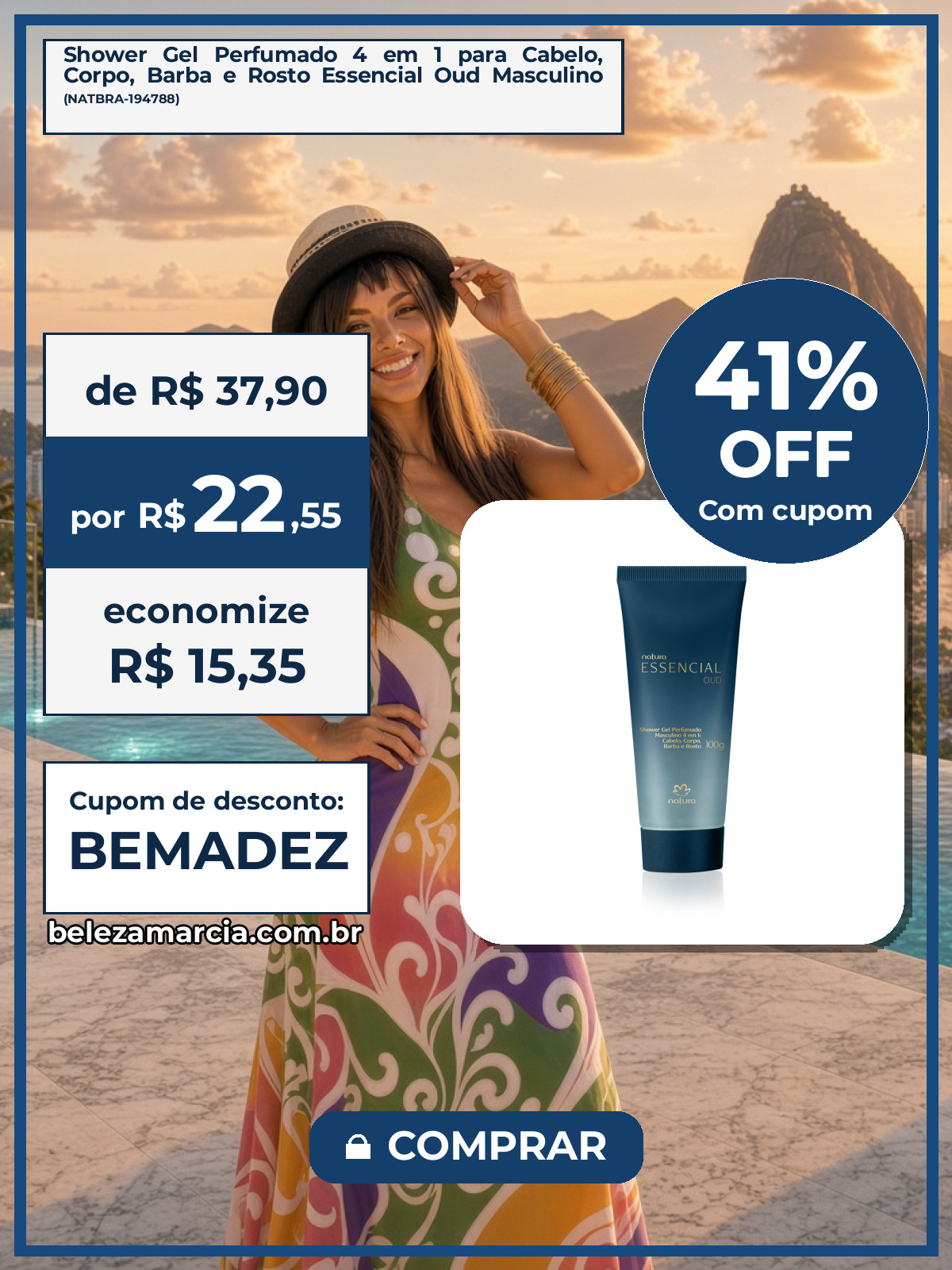 Shower Gel Perfumado 4 em 1 para Cabelo, Corpo, Barba e Rosto Essencial Oud Masculino