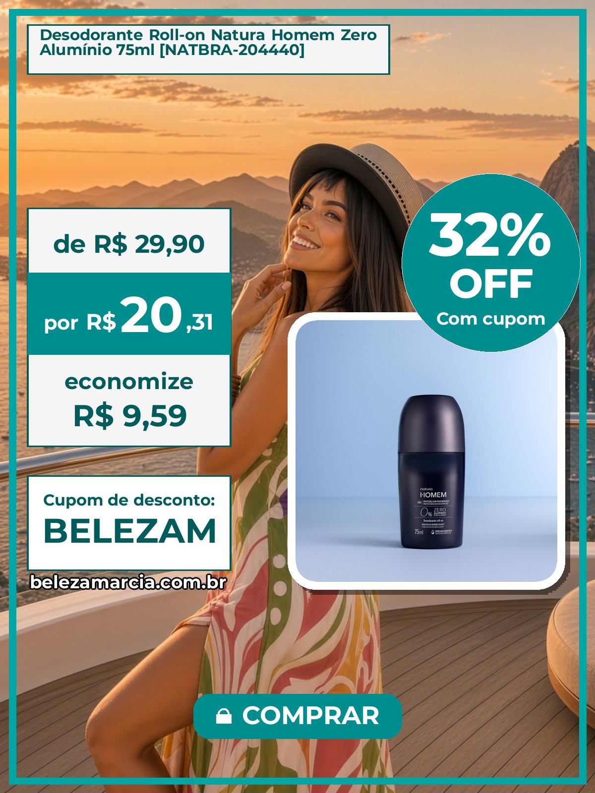 Desodorante Roll-on Natura Homem Zero Alumínio 75ml [NATBRA-204440]