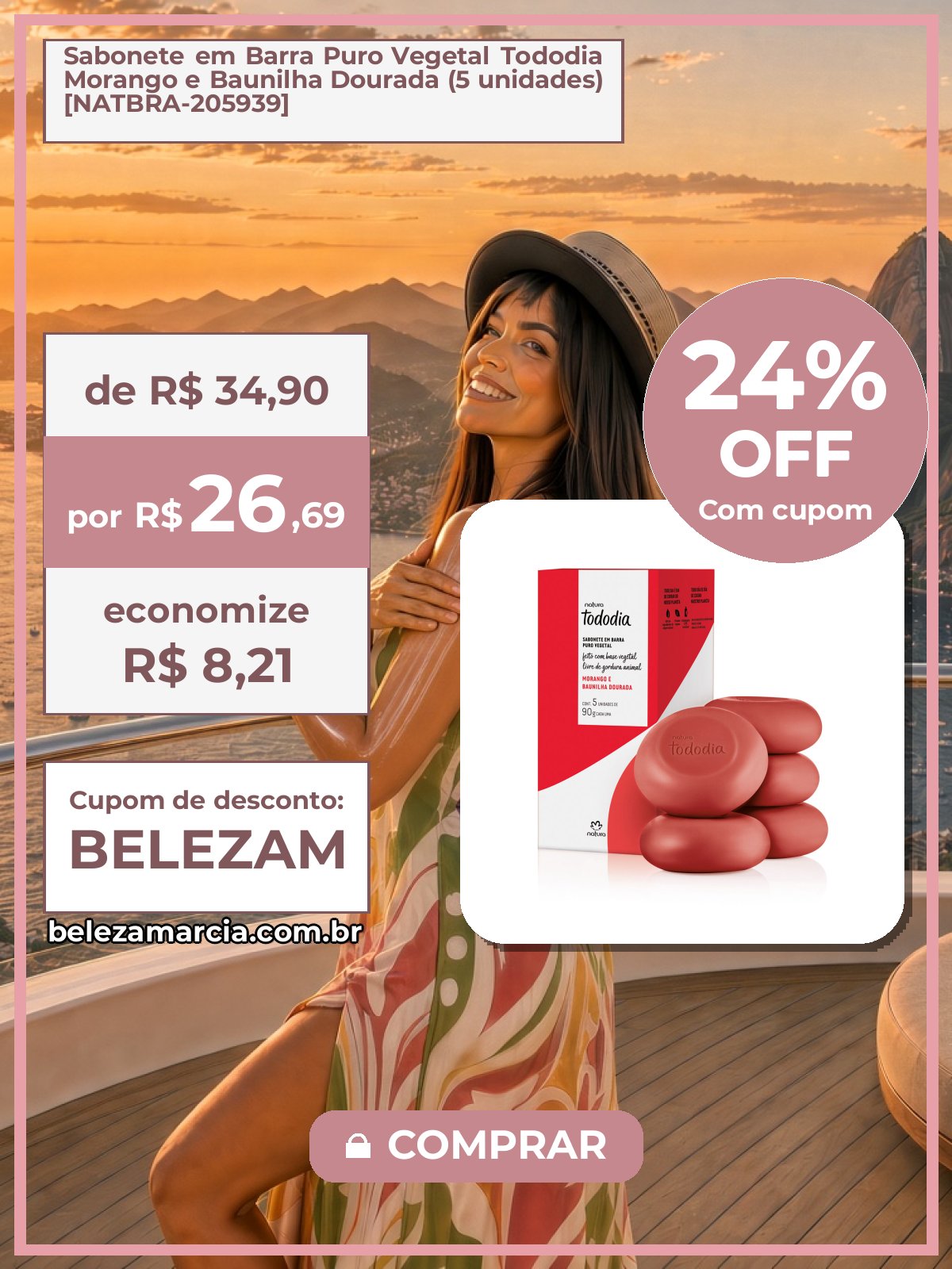 Sabonete em Barra Puro Vegetal Tododia Morango e Baunilha Dourada (5 unidades) [NATBRA-205939]
