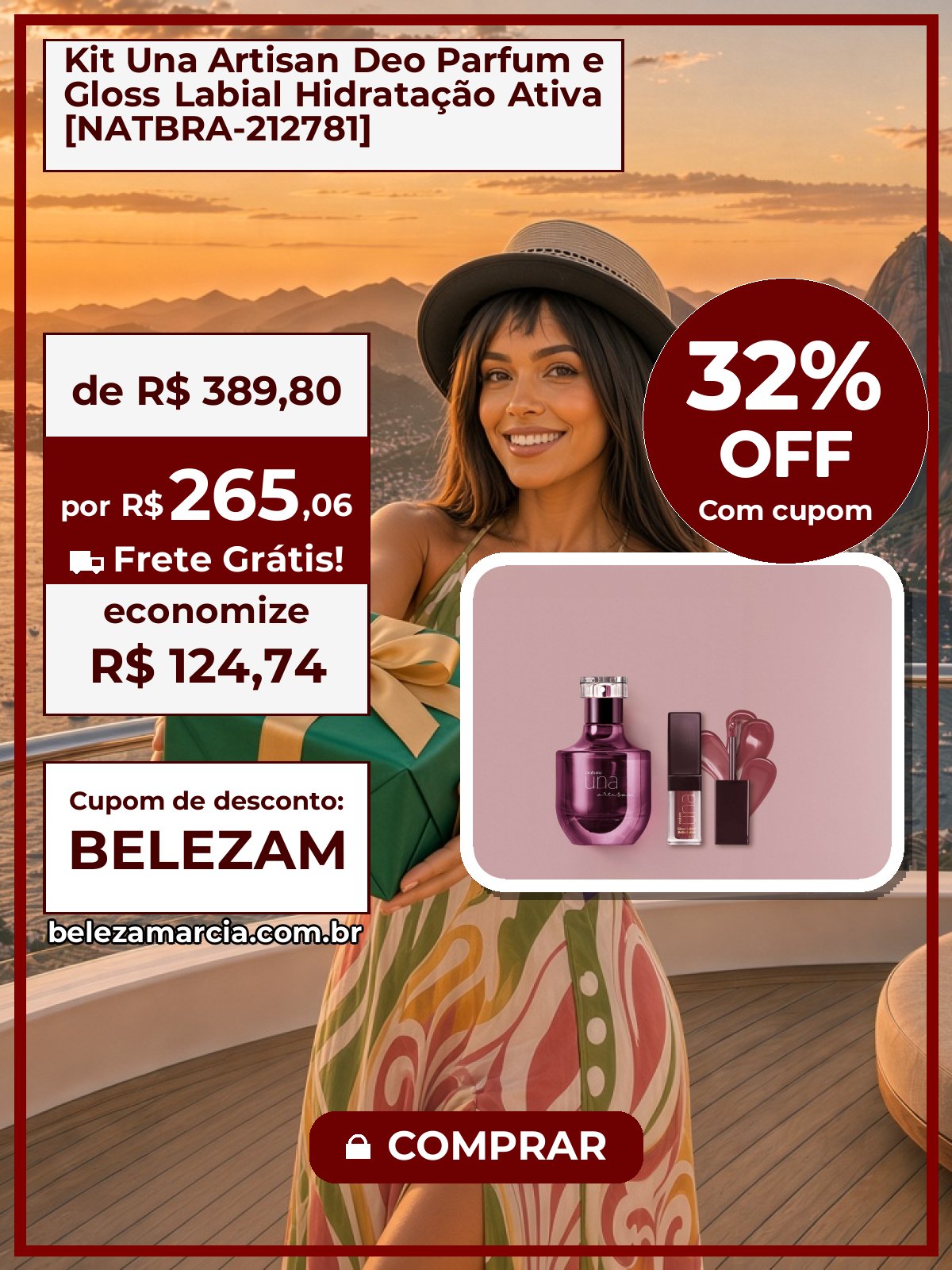 Kit Una Artisan Deo Parfum e Gloss Labial Hidratação Ativa [NATBRA-212781]