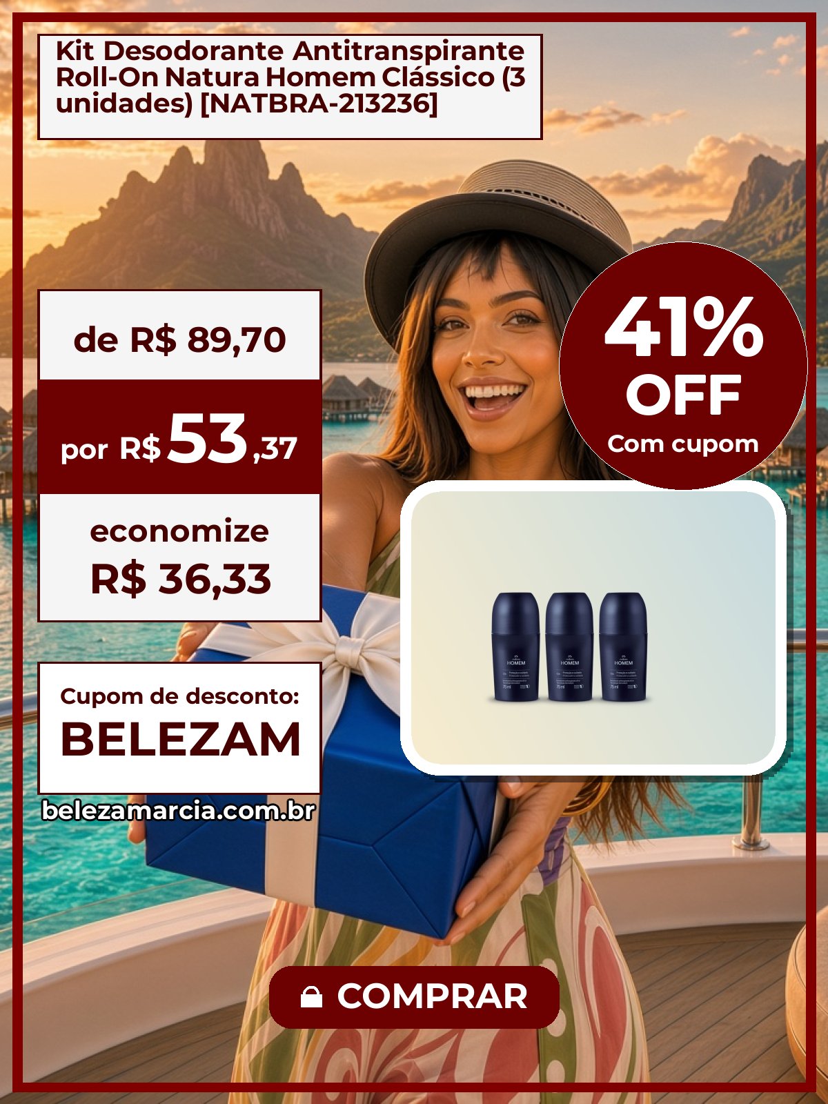 Kit Desodorante Antitranspirante Roll-On Natura Homem Clássico (3 unidades) [NATBRA-213236]