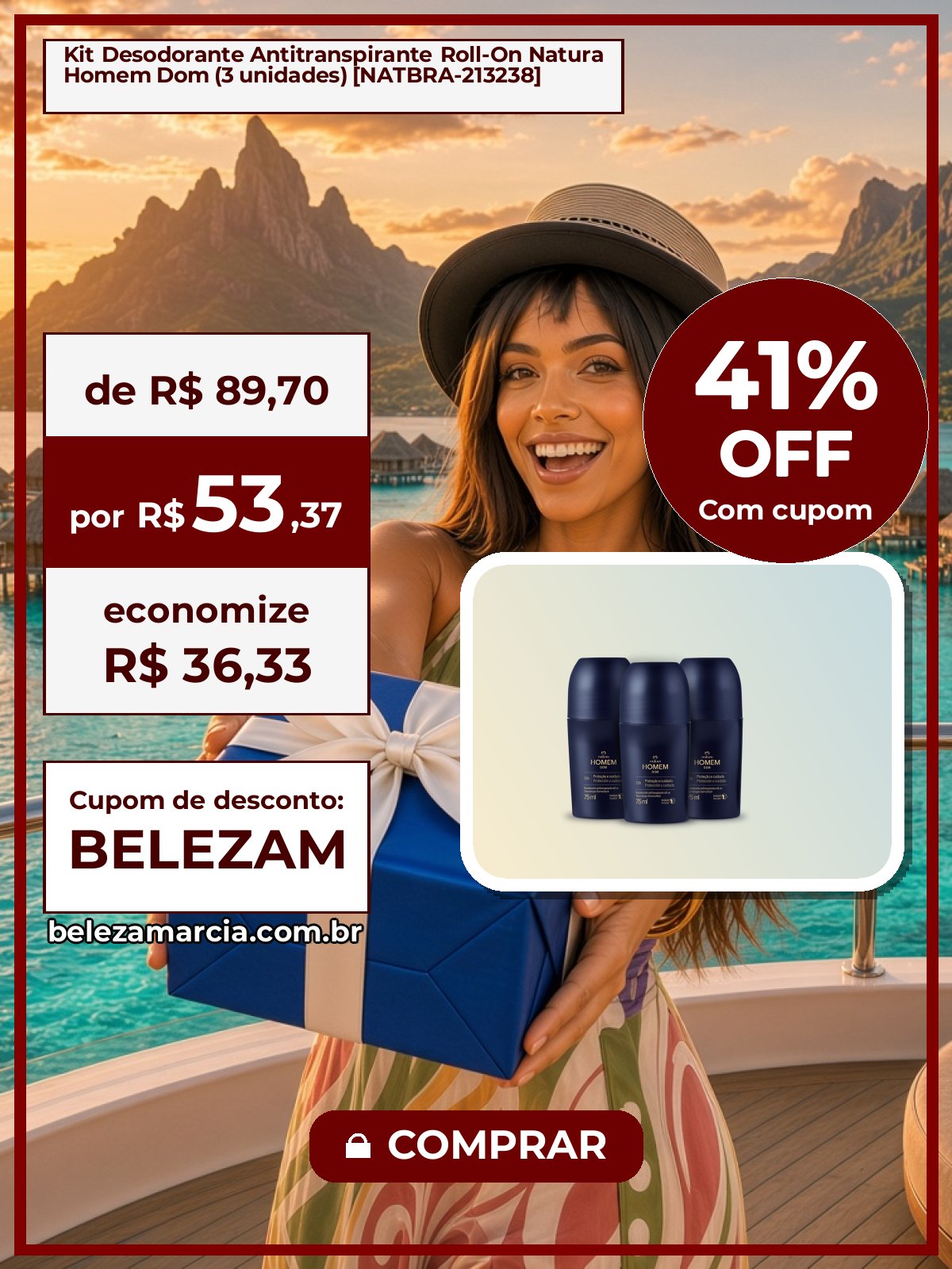 Kit Desodorante Antitranspirante Roll-On Natura Homem Dom (3 unidades) [NATBRA-213238]