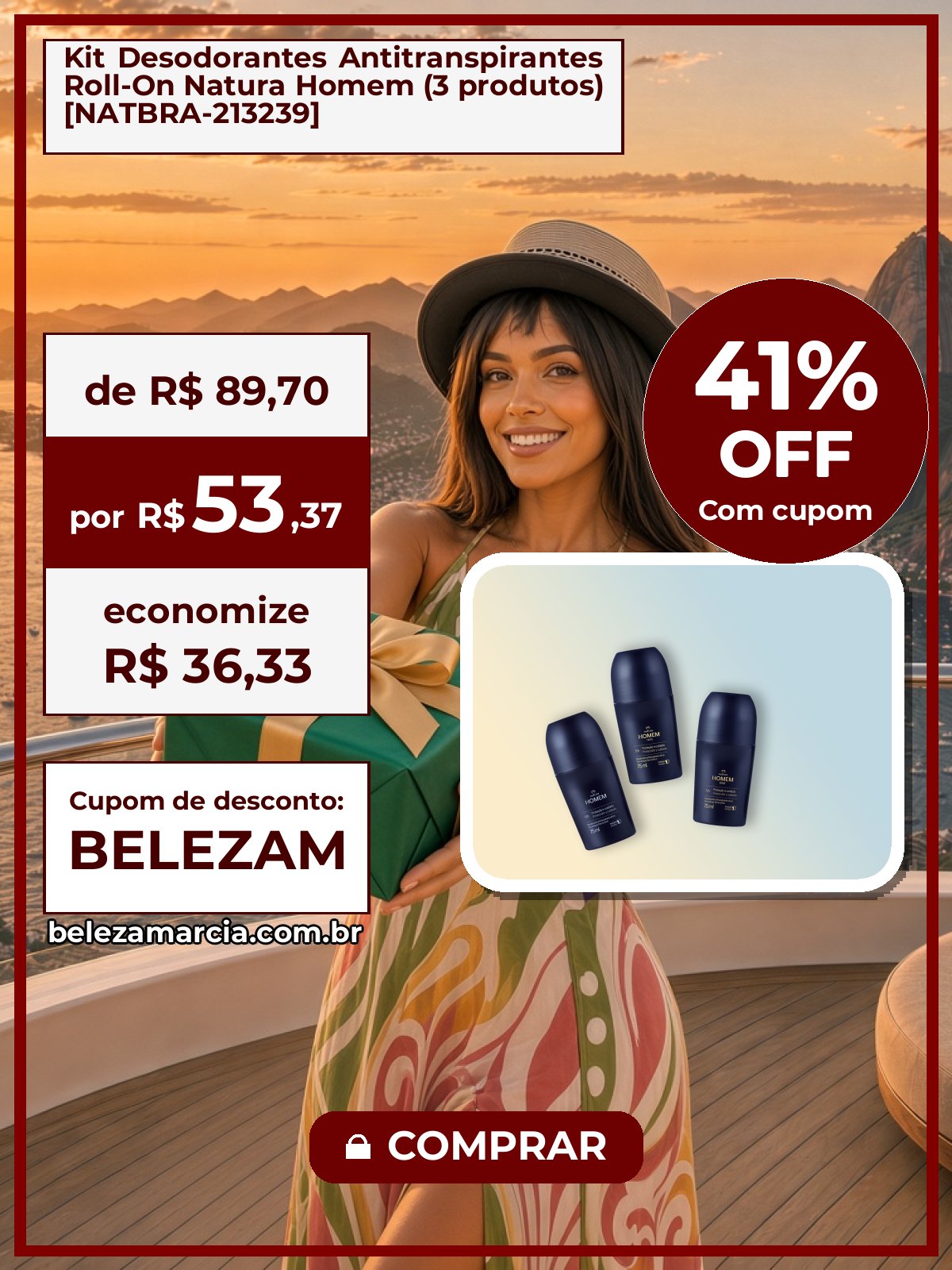 Kit Desodorantes Antitranspirantes Roll-On Natura Homem (3 produtos) [NATBRA-213239]