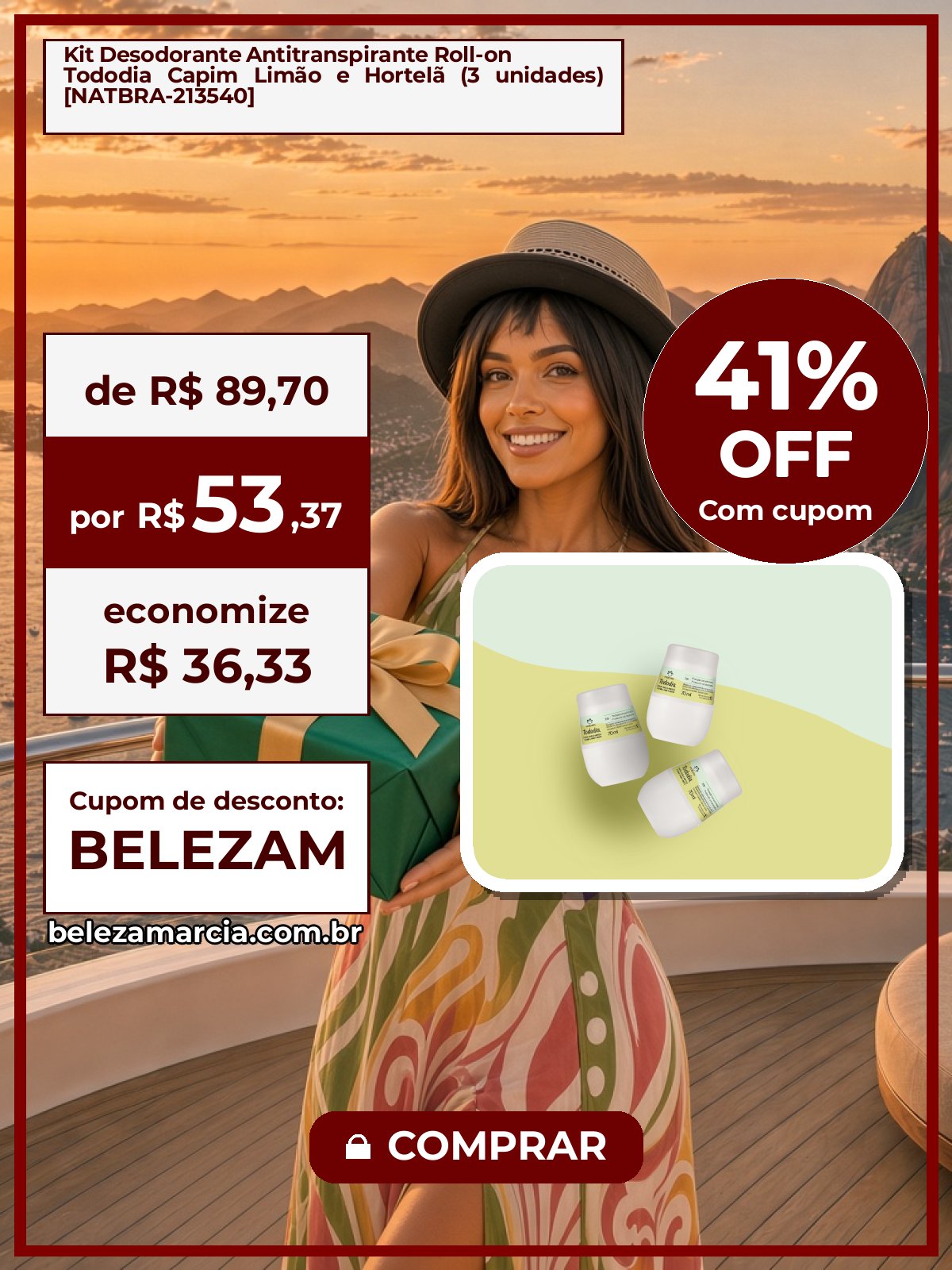 Kit Desodorante Antitranspirante Roll-on Tododia Capim Limão e Hortelã (3 unidades) [NATBRA-213540]