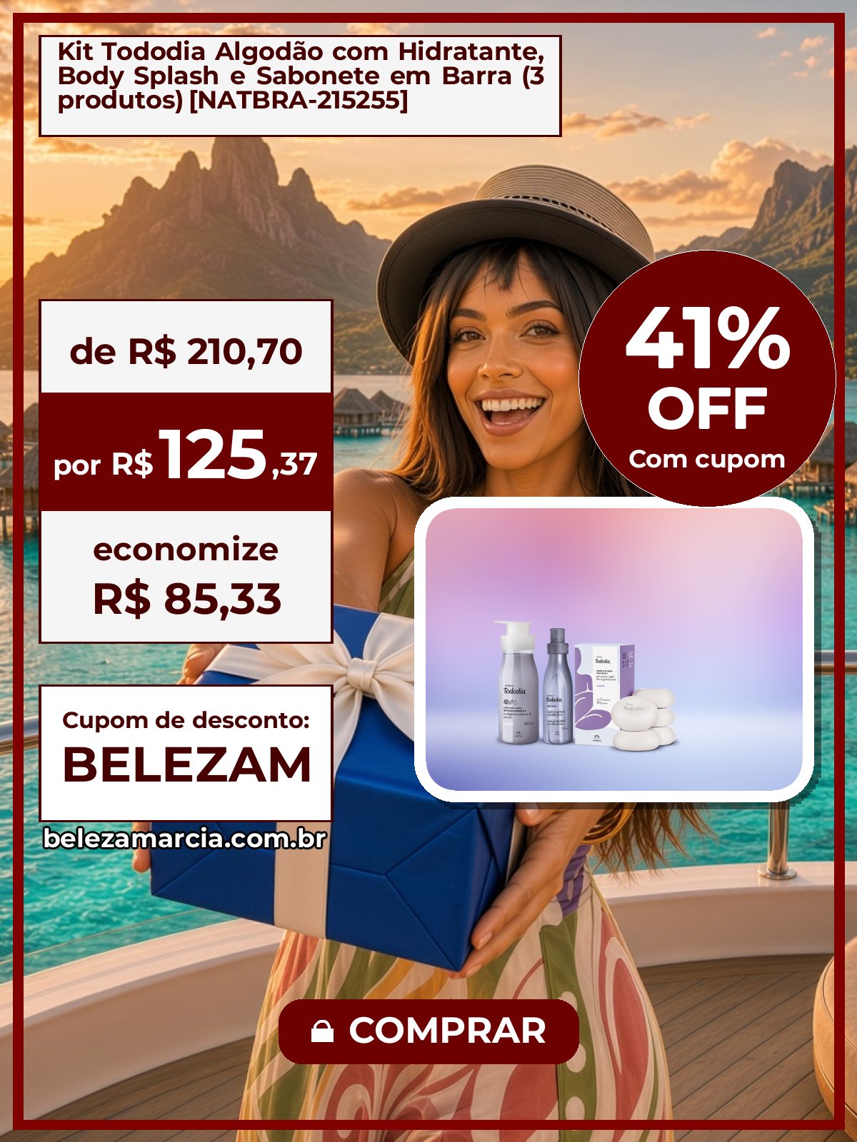 Kit Tododia Algodão com Hidratante, Body Splash e Sabonete em Barra (3 produtos) [NATBRA-215255]