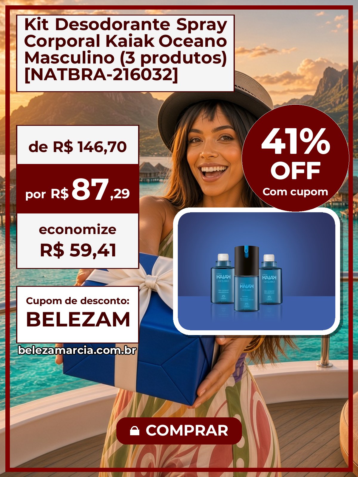 Kit Desodorante Spray Corporal Kaiak Oceano Masculino (3 produtos) [NATBRA-216032]