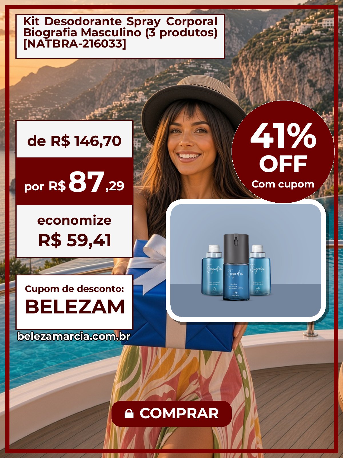 Kit Desodorante Spray Corporal Biografia Masculino (3 produtos) [NATBRA-216033]