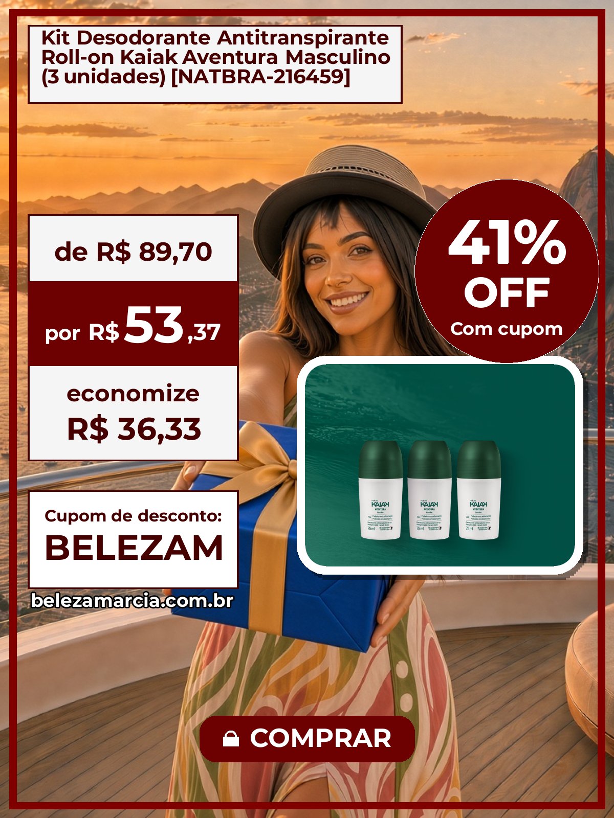 Kit Desodorante Antitranspirante Roll-on Kaiak Aventura Masculino (3 unidades) [NATBRA-216459]