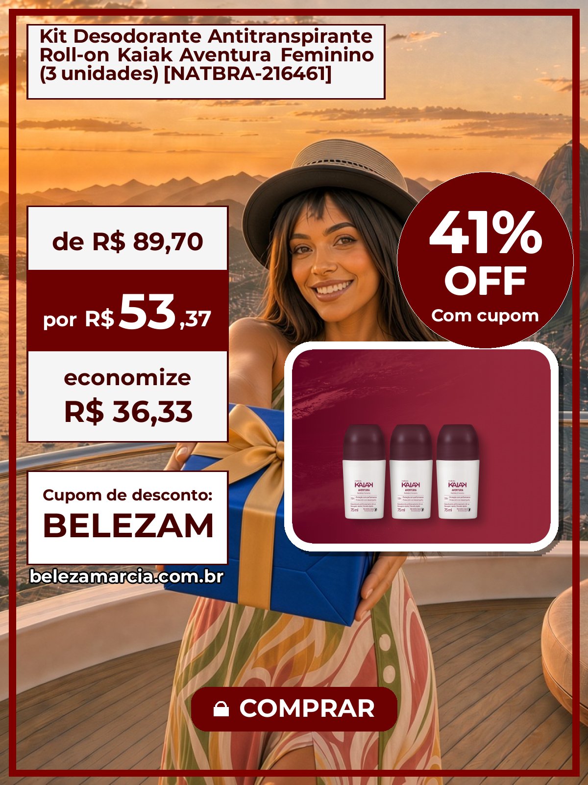 Kit Desodorante Antitranspirante Roll-on Kaiak Aventura Feminino (3 unidades) [NATBRA-216461]
