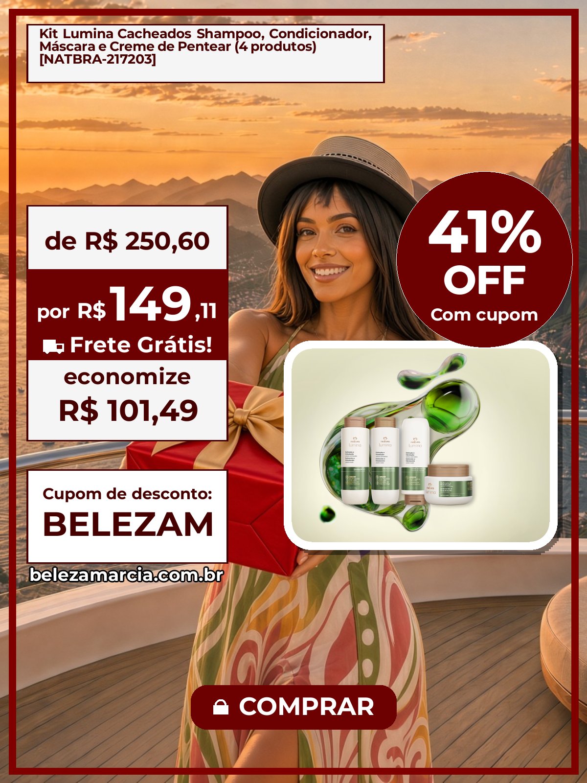 Kit Lumina Cacheados Shampoo, Condicionador, Máscara e Creme de Pentear (4 produtos) [NATBRA-217203]