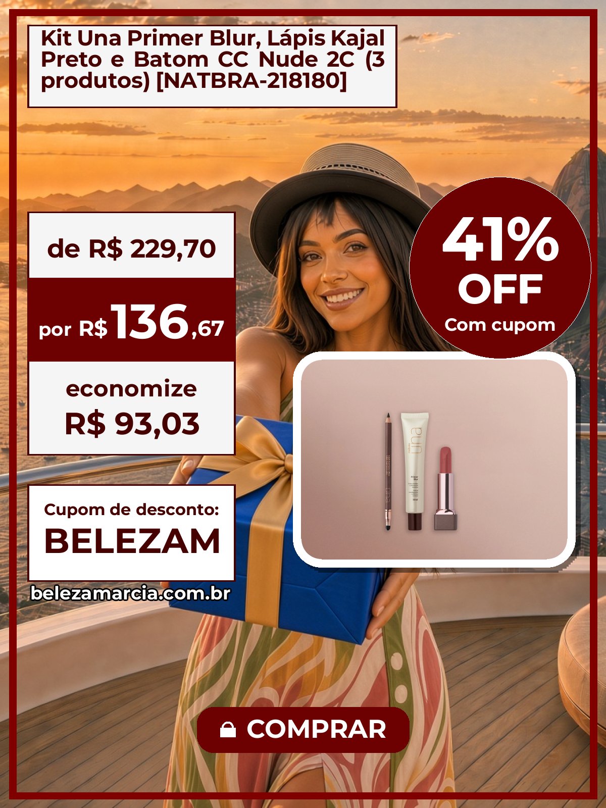 Kit Una Primer Blur, Lápis Kajal Preto e Batom CC Nude 2C (3 produtos) [NATBRA-218180]