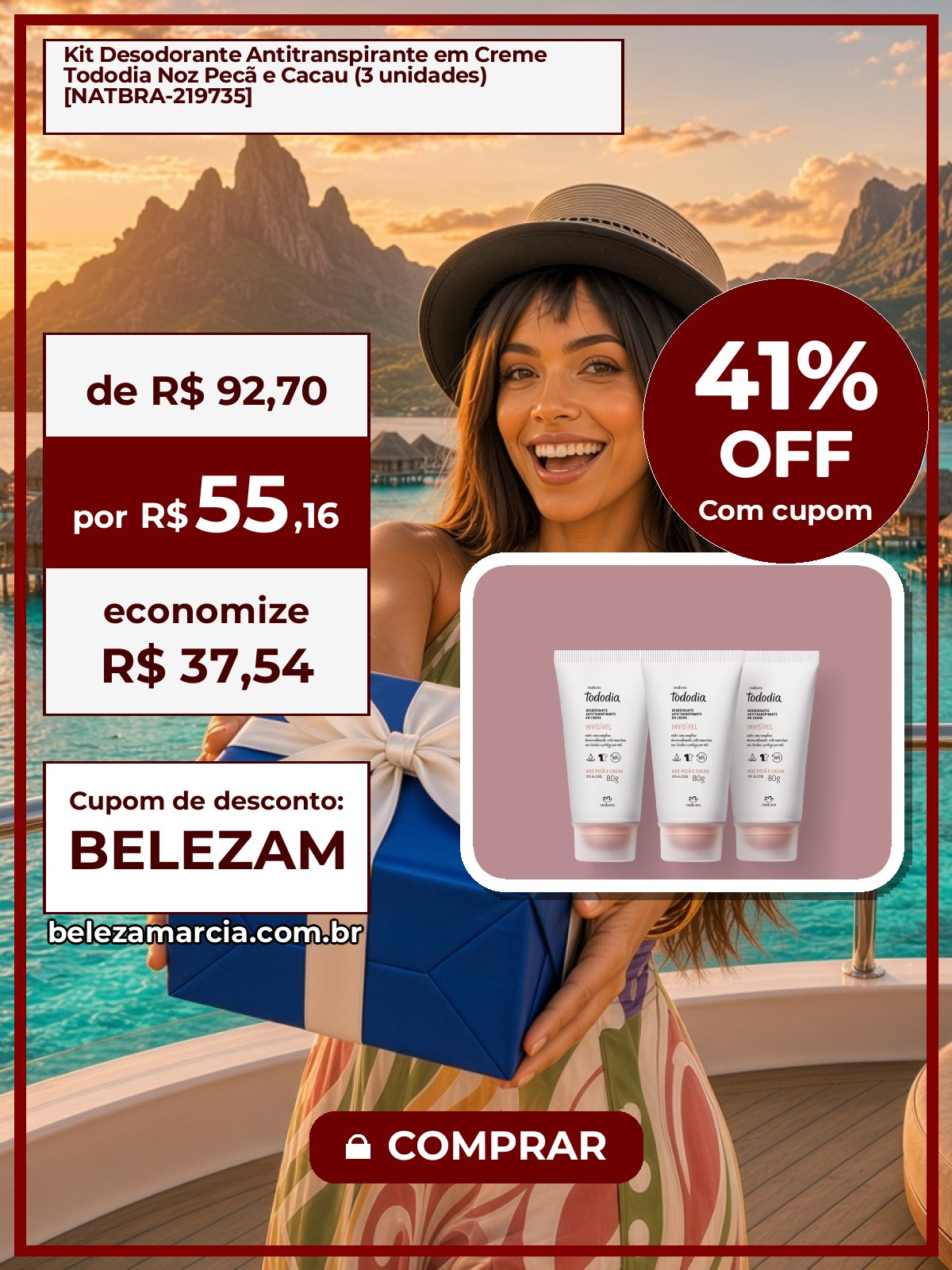 Kit Desodorante Antitranspirante em Creme Tododia Noz Pecã e Cacau (3 unidades) [NATBRA-219735]