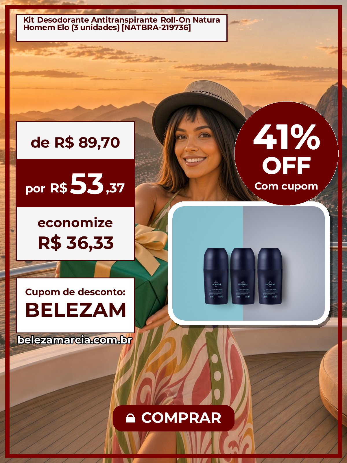 Kit Desodorante Antitranspirante Roll-On Natura Homem Elo (3 unidades) [NATBRA-219736]