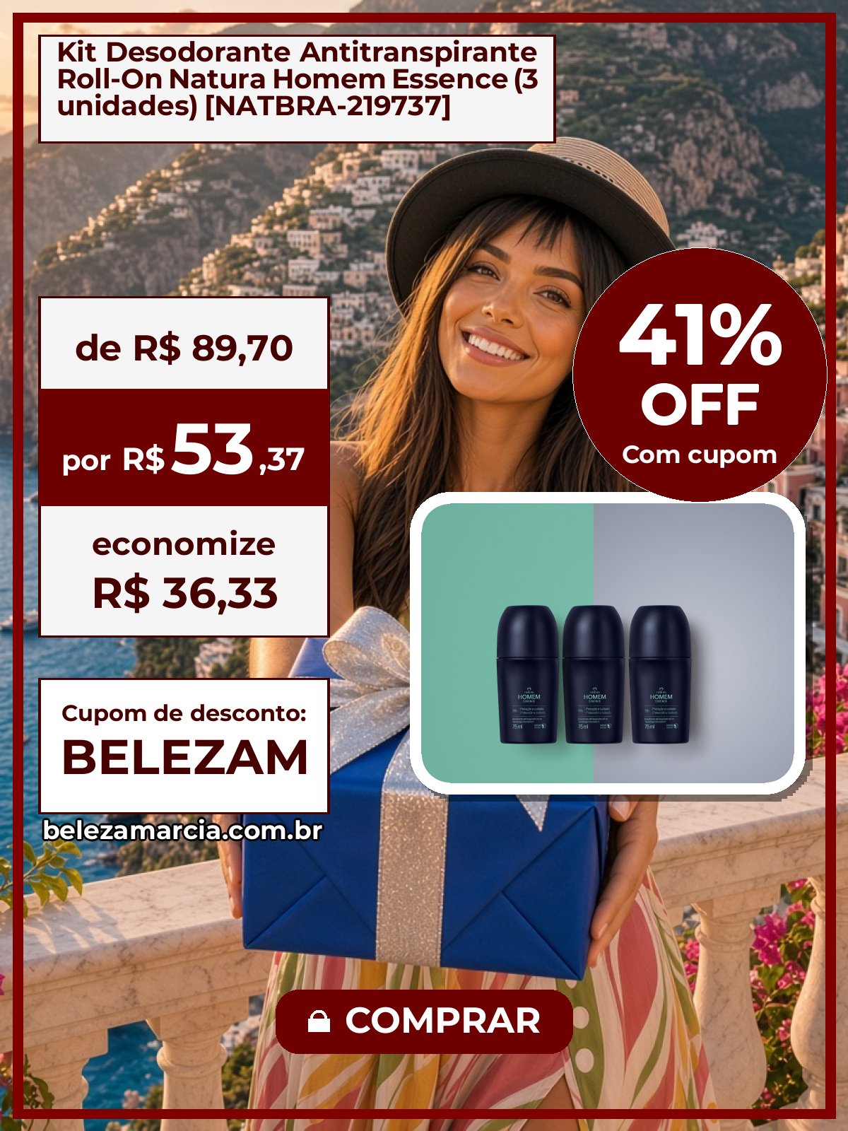 Kit Desodorante Antitranspirante Roll-On Natura Homem Essence (3 unidades) [NATBRA-219737]